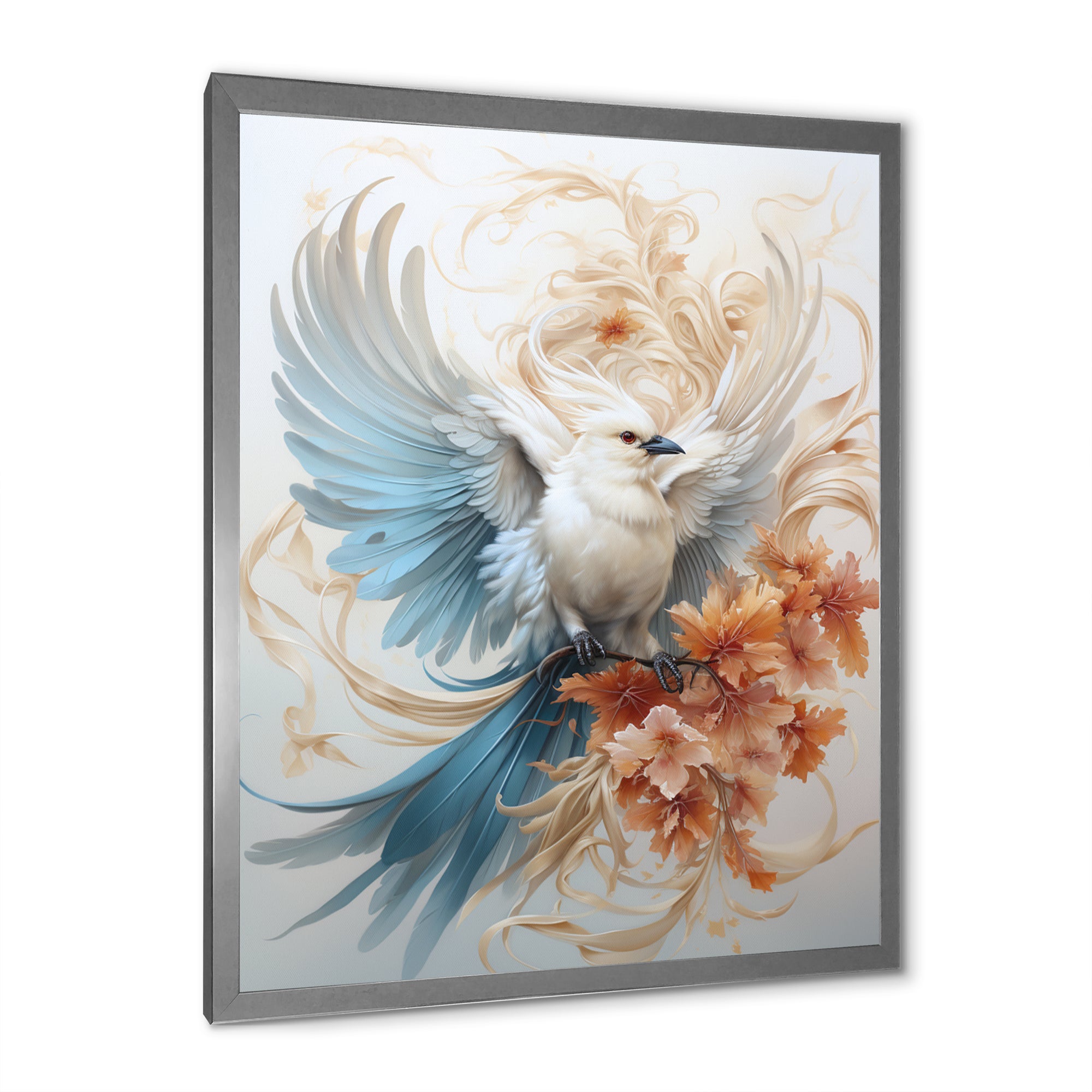 Majestic White Bird On Flower Branch - Bird Home Decor Art