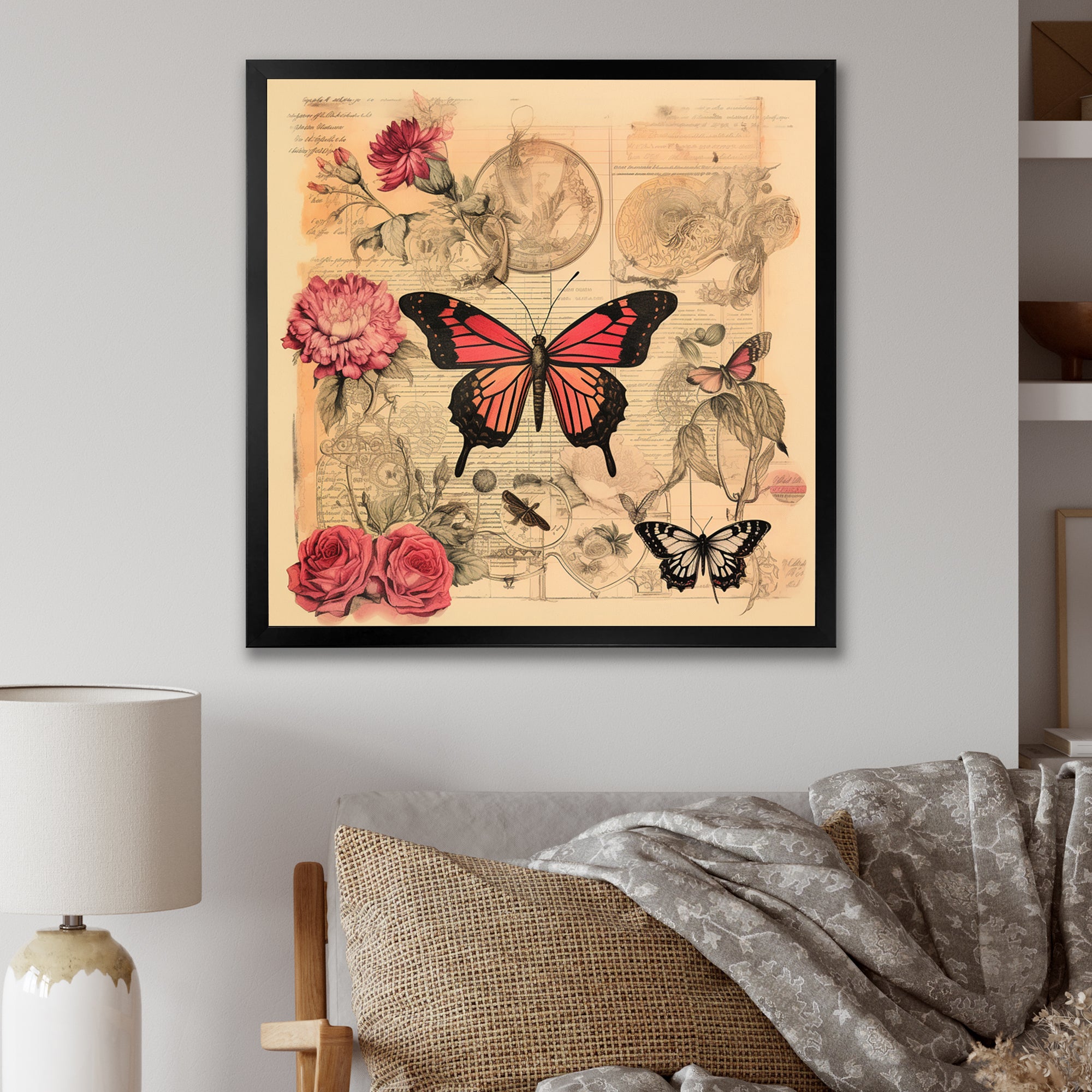 Vintage Illustration Of Romantic Pink Butterfly - Butterfly Canvas Wall Art