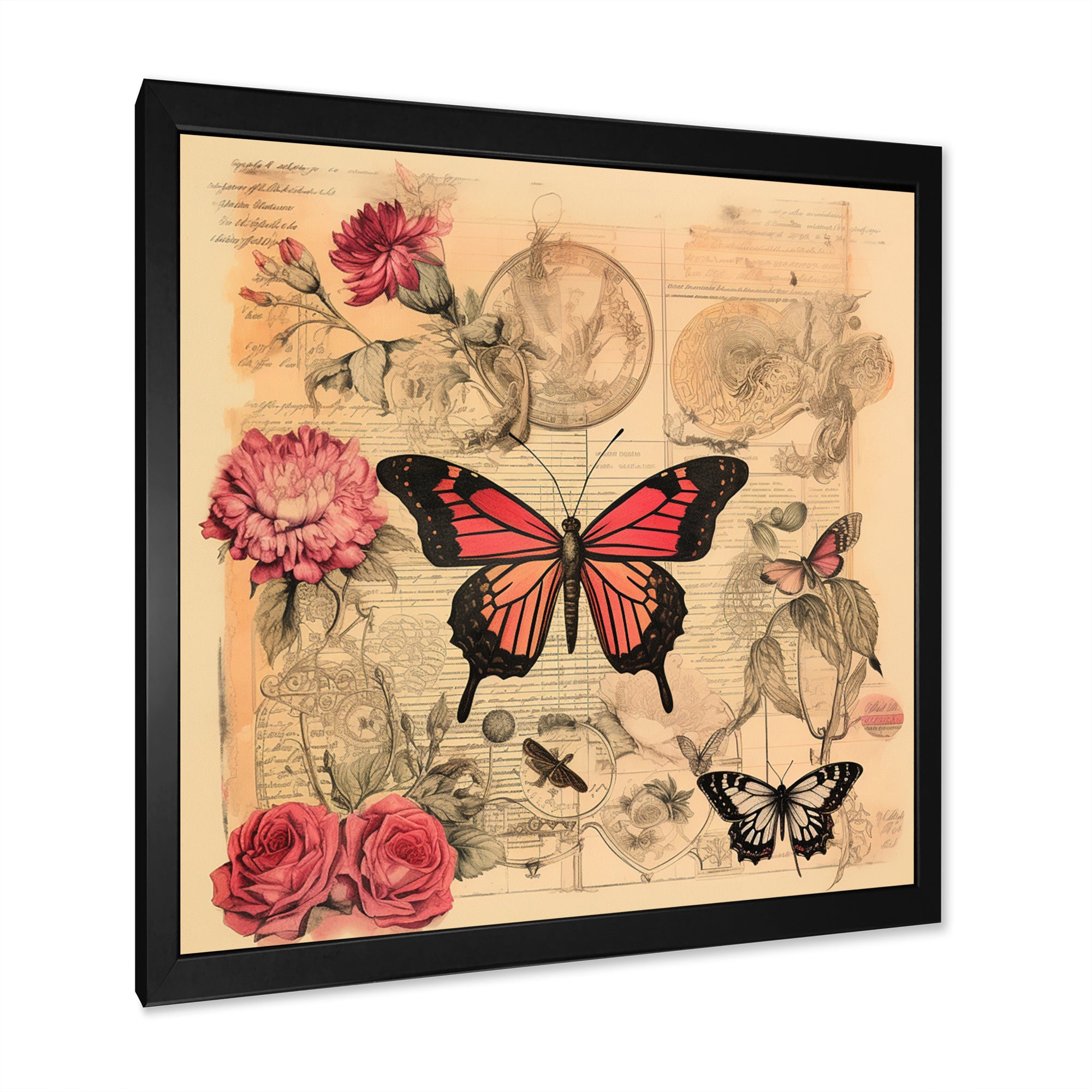Vintage Illustration Of Romantic Pink Butterfly - Butterfly Canvas Wall Art