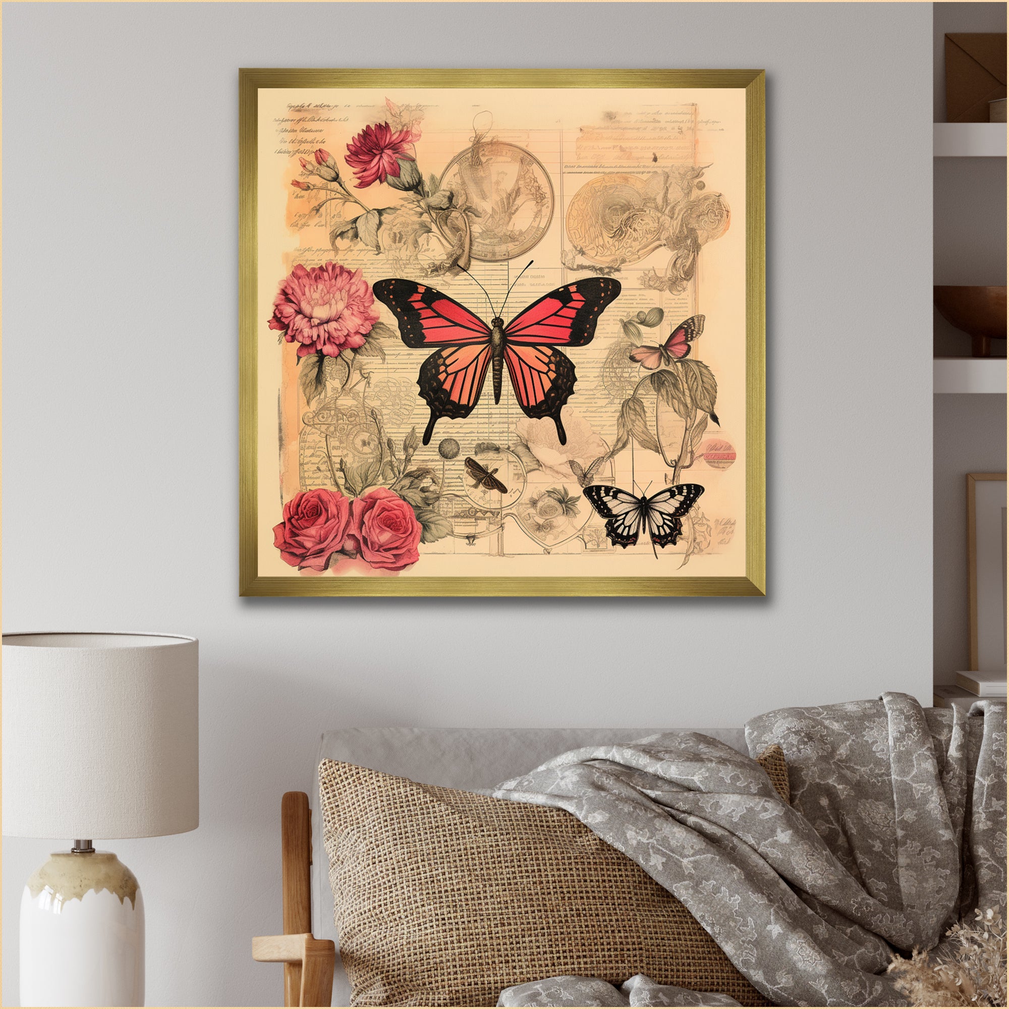 Vintage Illustration Of Romantic Pink Butterfly - Butterfly Canvas Wall Art
