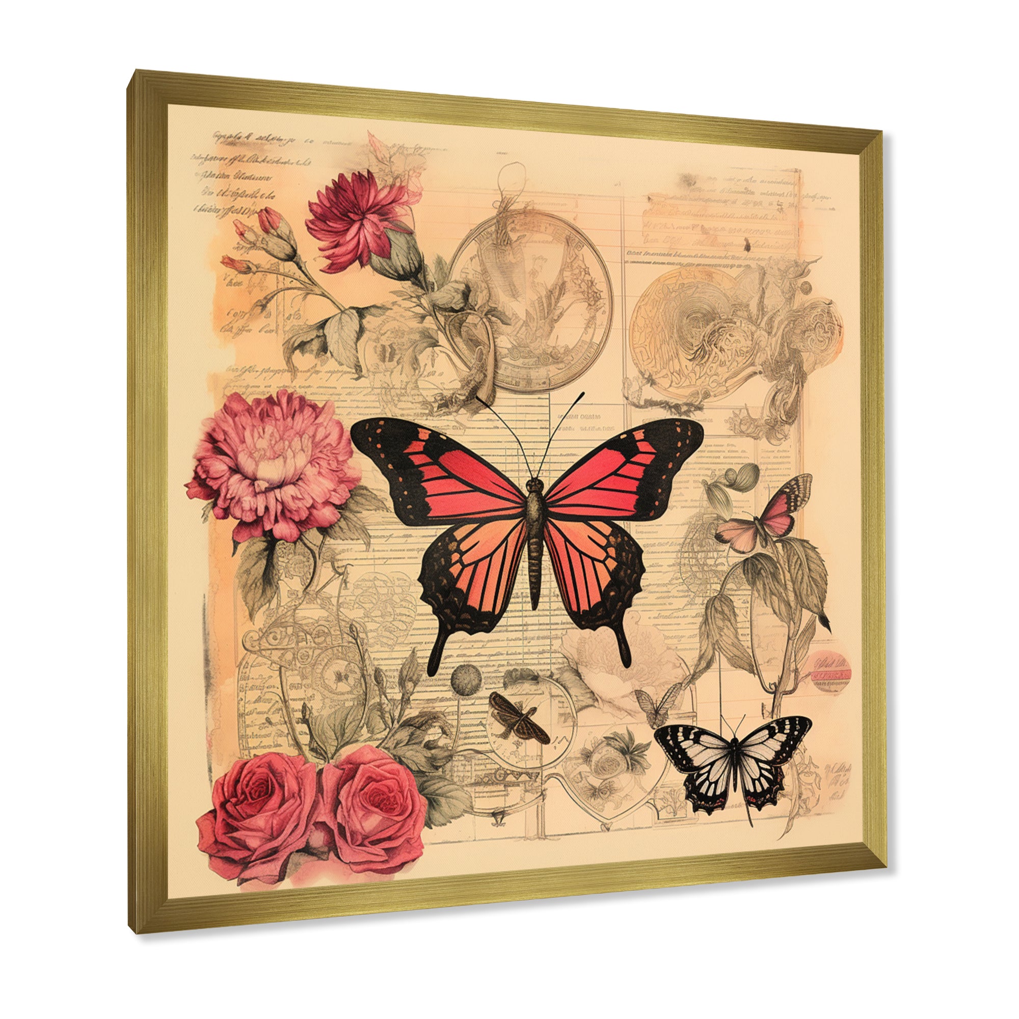 Vintage Illustration Of Romantic Pink Butterfly - Butterfly Canvas Wall Art