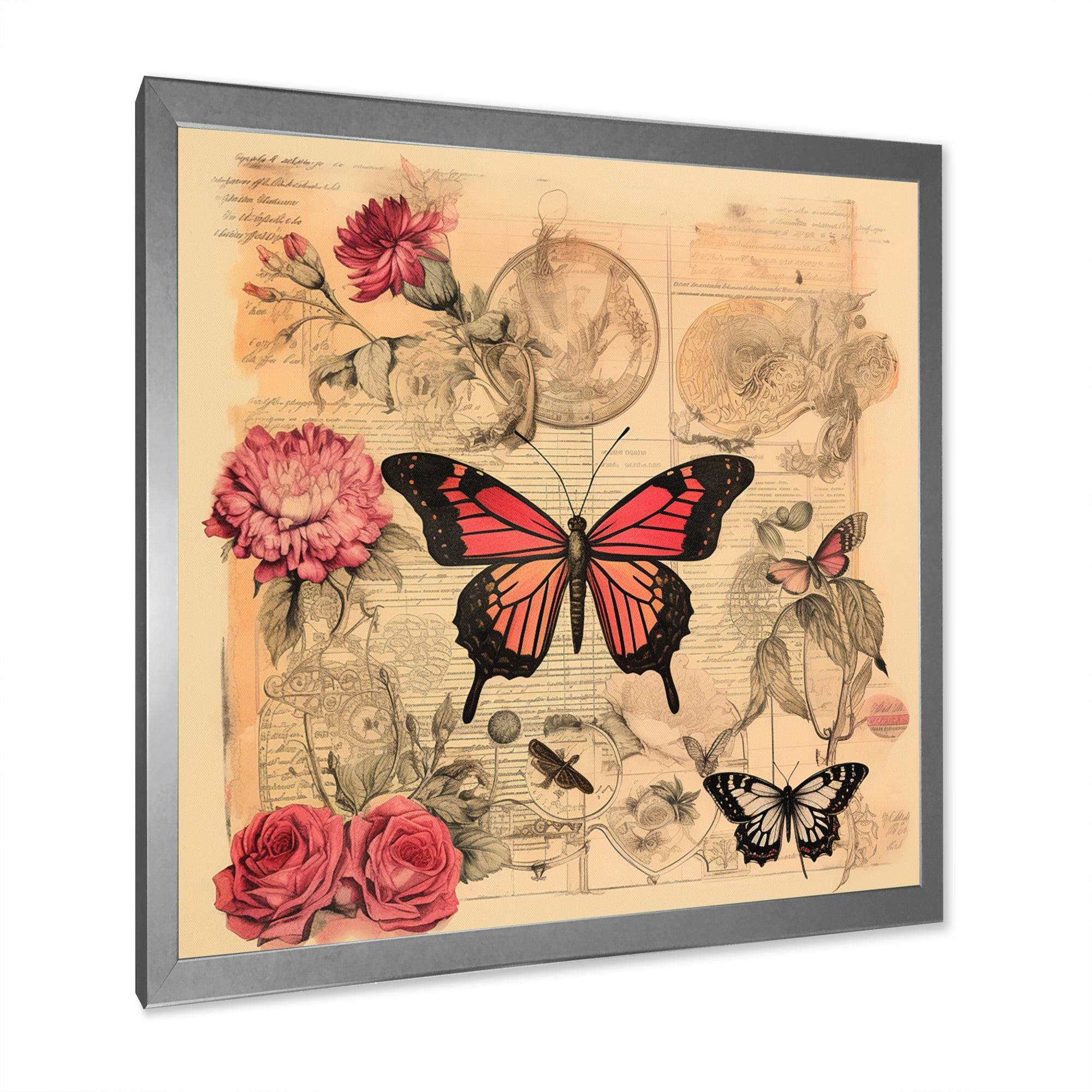 Vintage Illustration Of Romantic Pink Butterfly - Butterfly Canvas Wall Art