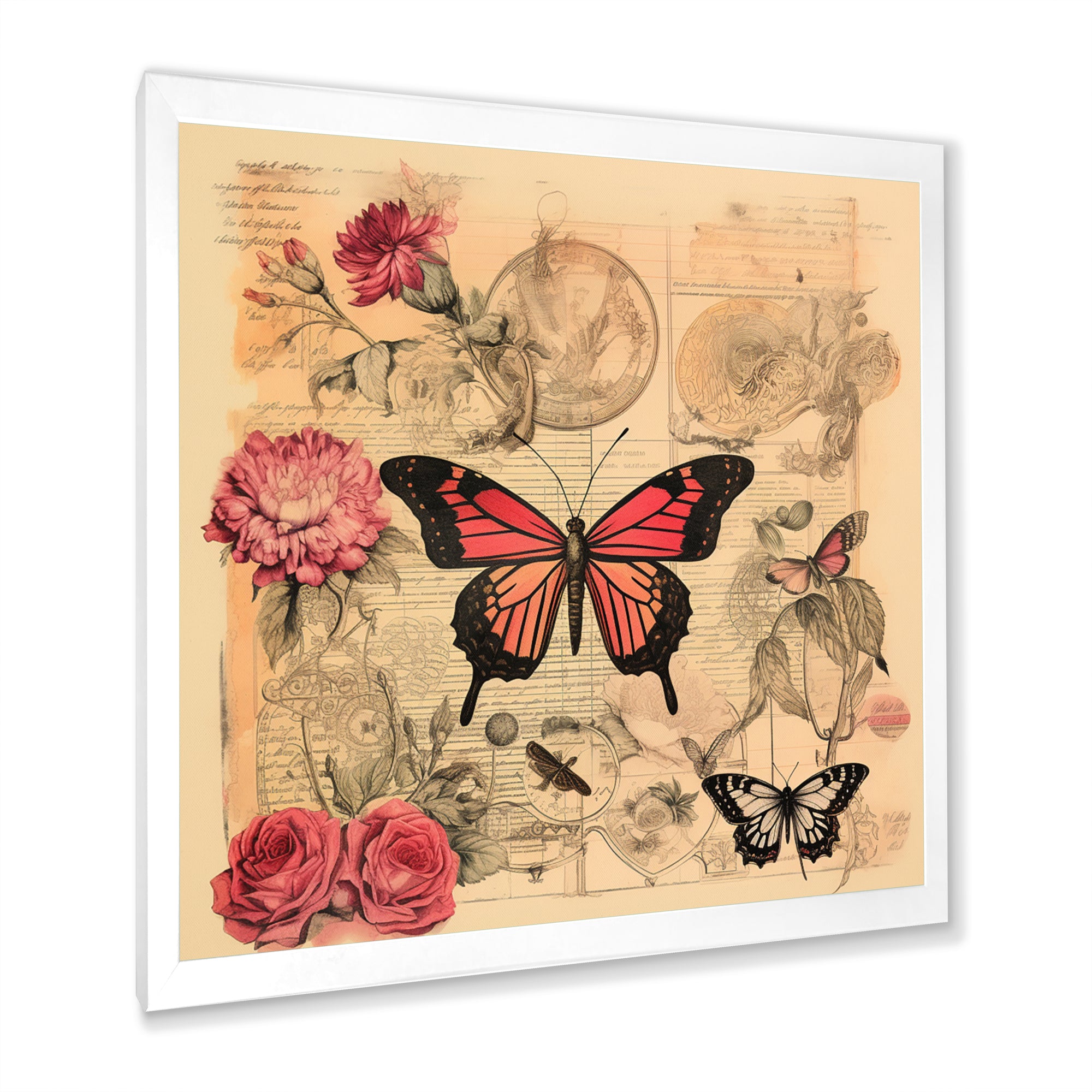 Vintage Illustration Of Romantic Pink Butterfly - Butterfly Canvas Wall Art