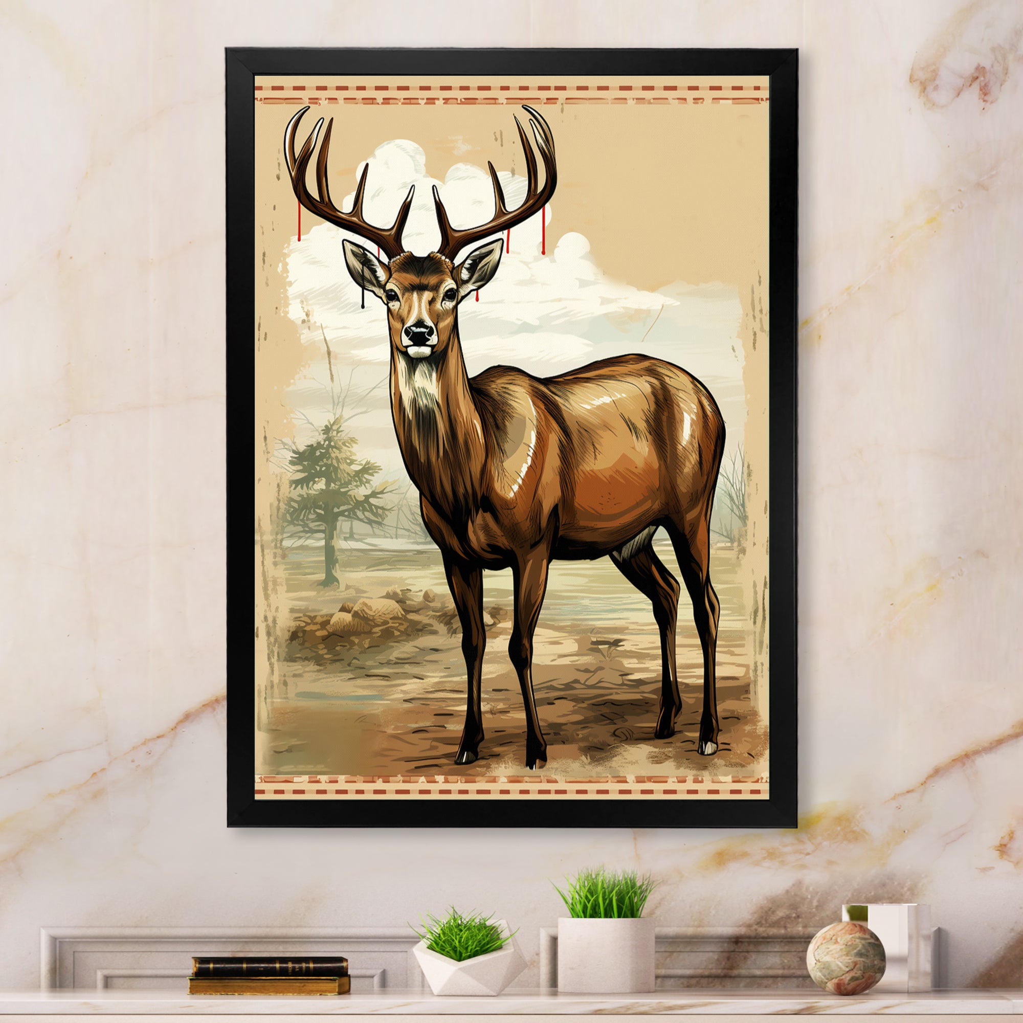 Majestic Deer Retro Illustration - Brown Deer Wall Art