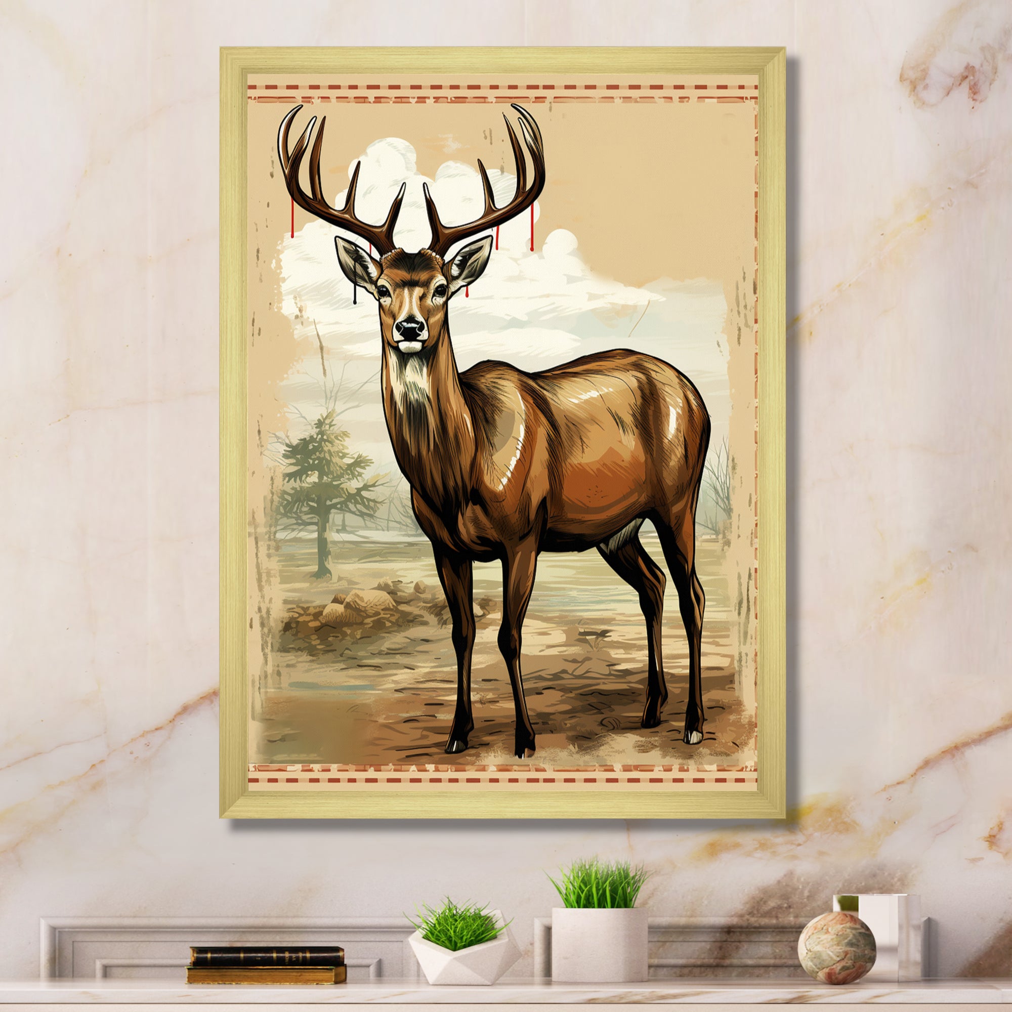 Majestic Deer Retro Illustration - Brown Deer Wall Art