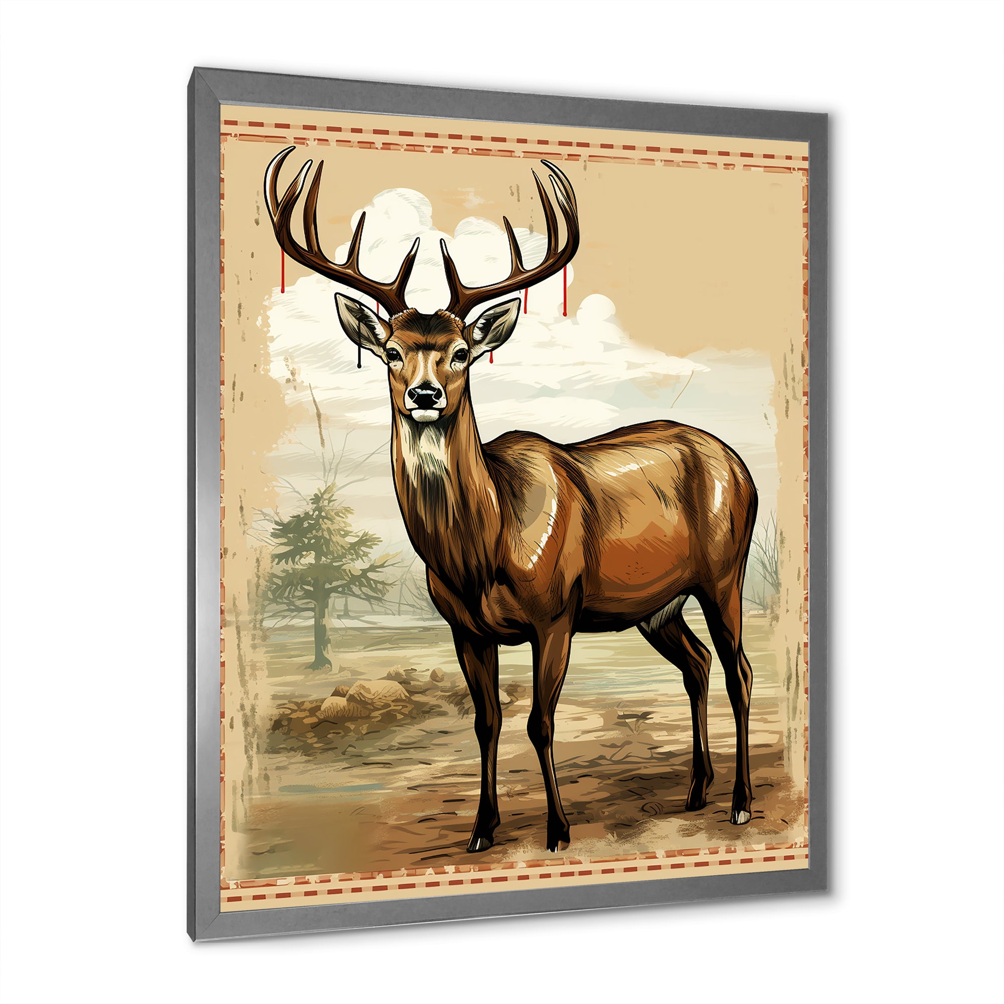 Majestic Deer Retro Illustration - Brown Deer Wall Art