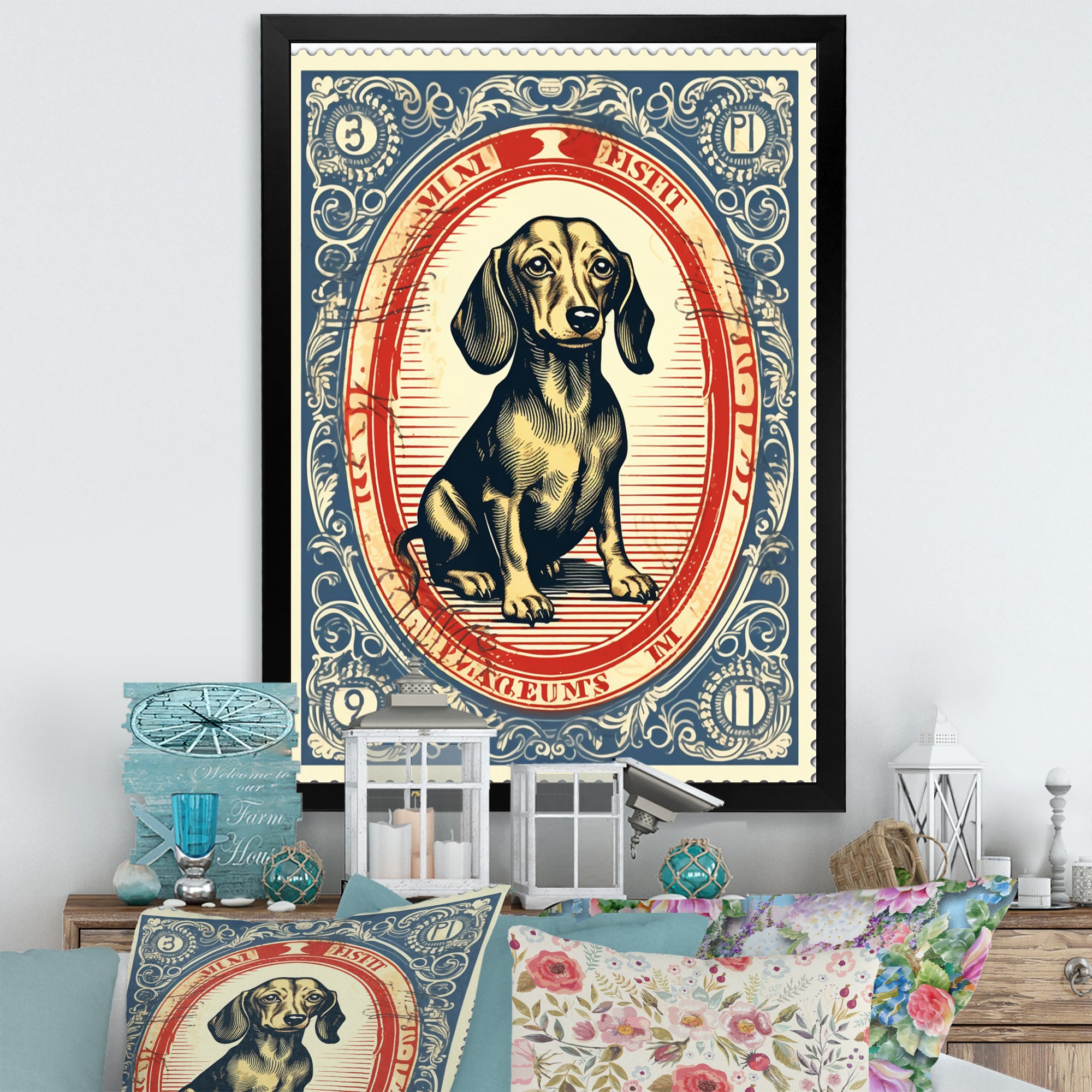 Retro Illustration Of Cute Dachshund - Dog Daschund Living Room Wall Art