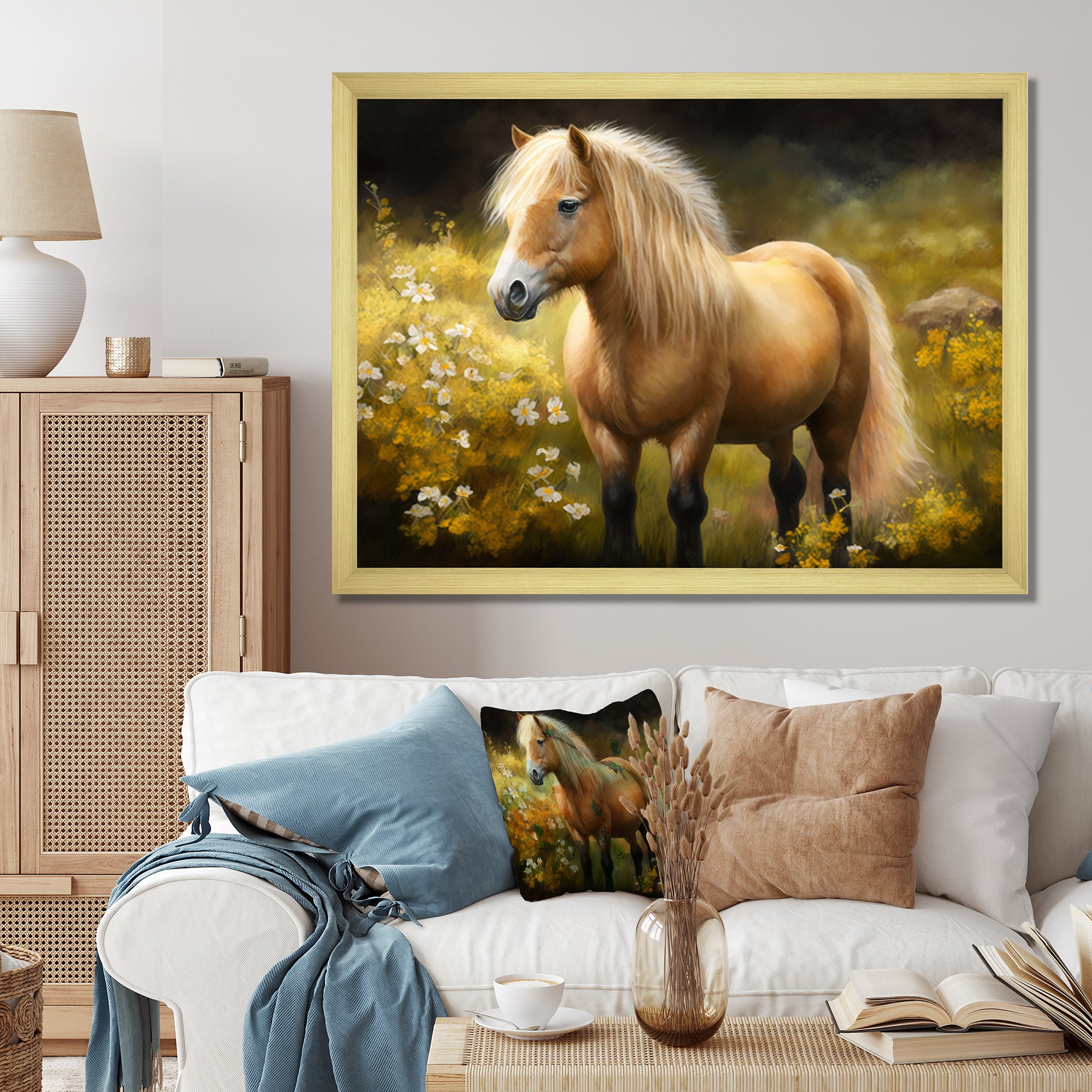 Golden Pony In Flower Meadow - Horse Wall Art Prints