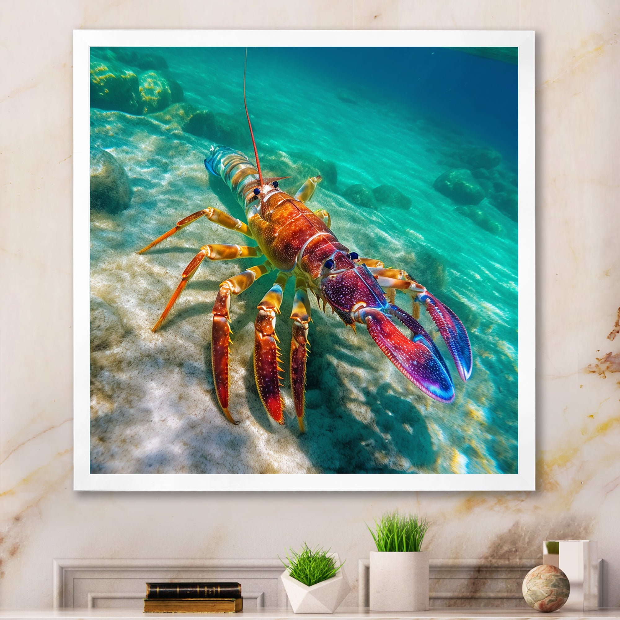 Red Lobster In Tropical Turquoise Water - Lobster Living Room Wall Art
