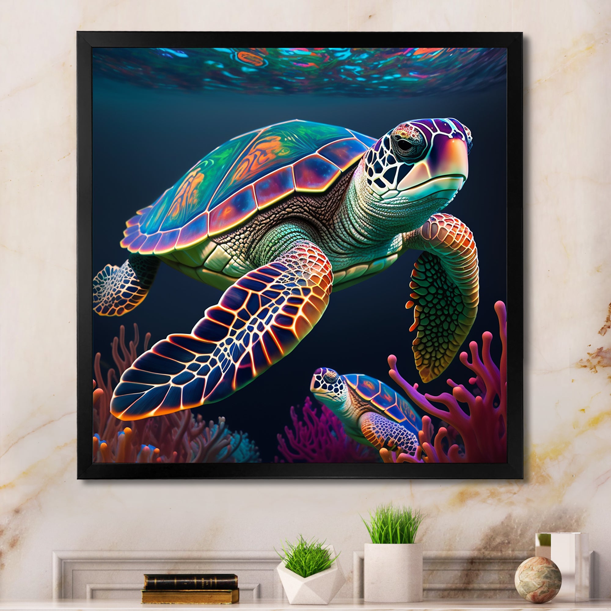 Colorful Deep Sea Turtle Portrait - Turtle Wall Art Prints