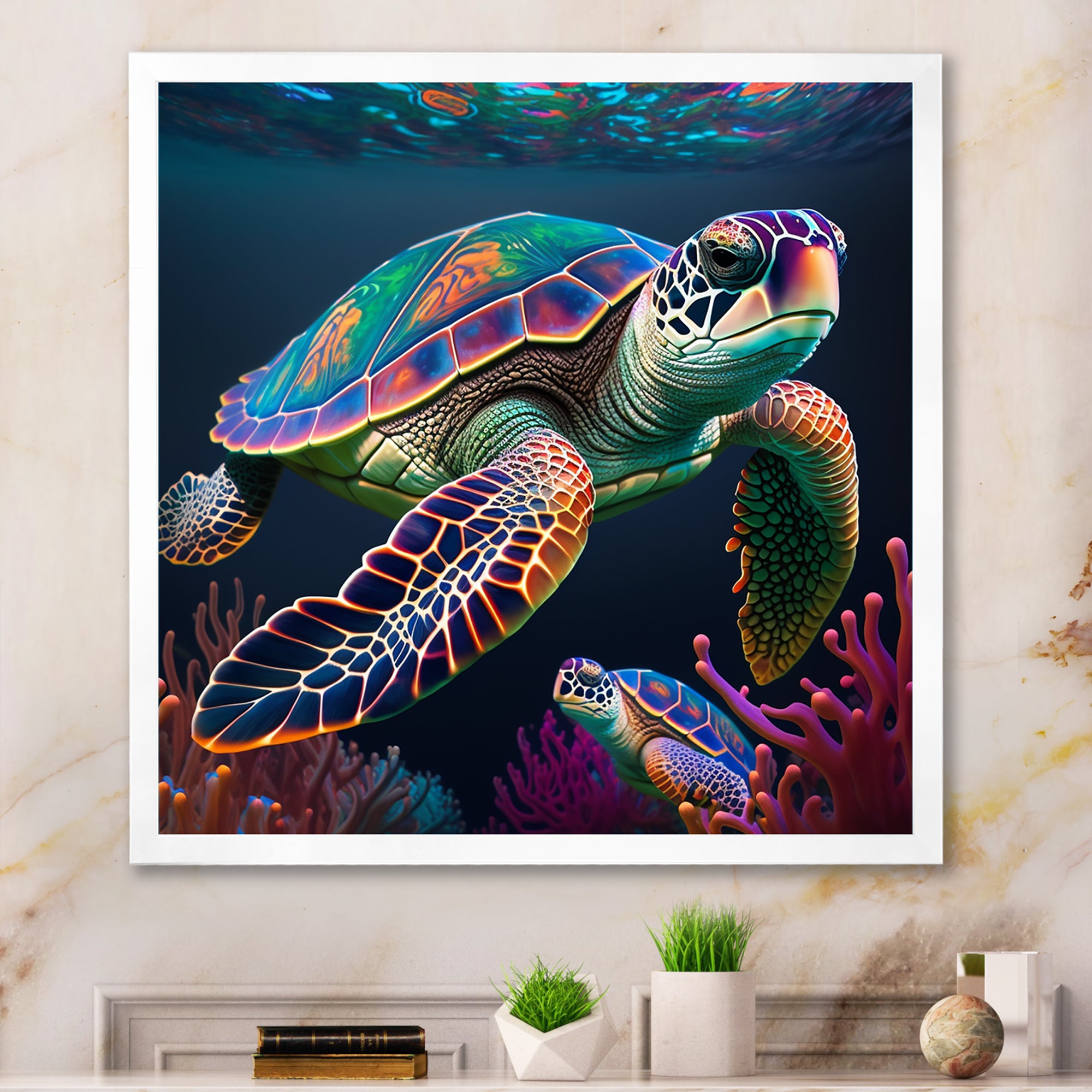 Colorful Deep Sea Turtle Portrait - Turtle Wall Art Prints