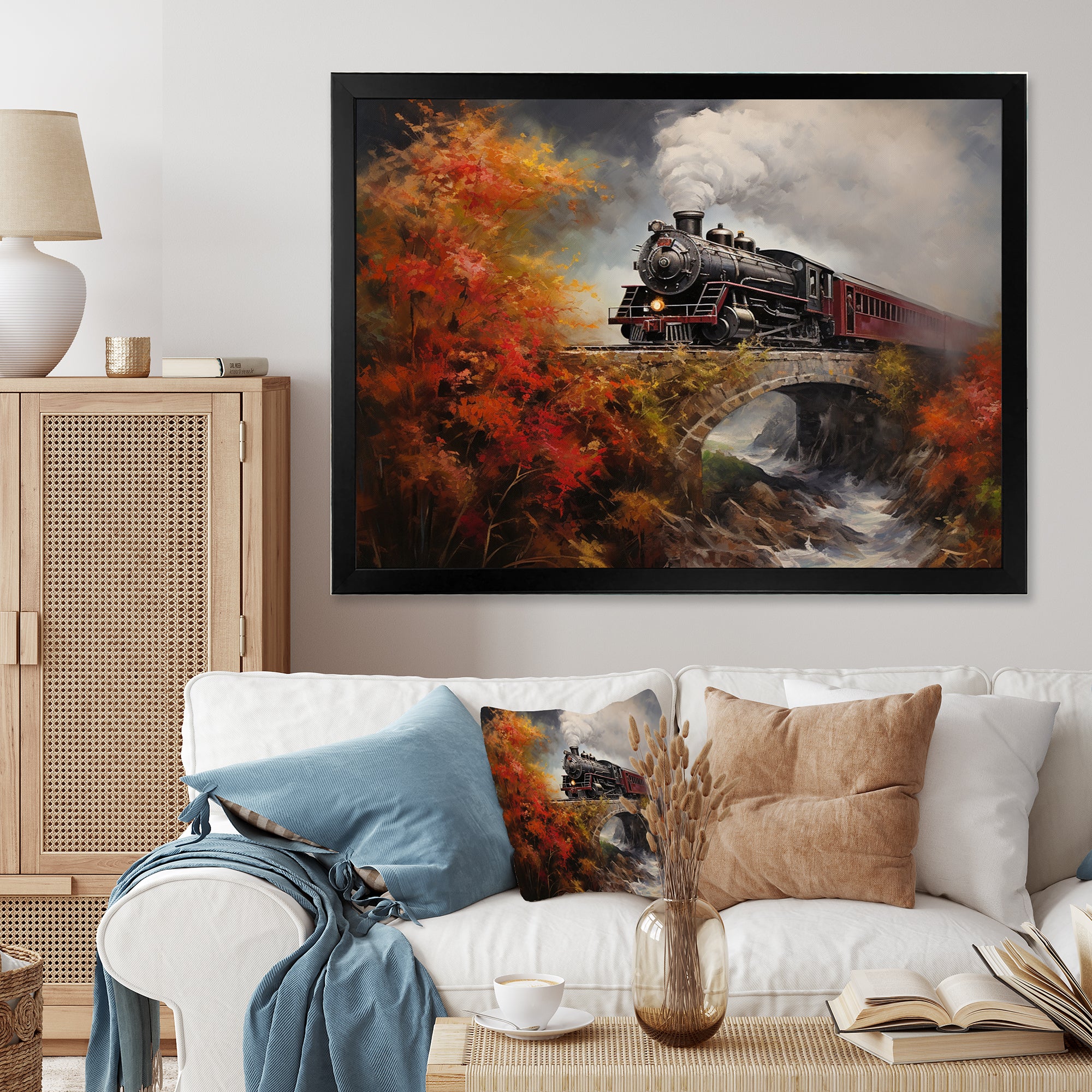 Steam train Crossing Autumn Bridge Painting - Train Canvas Wall Art