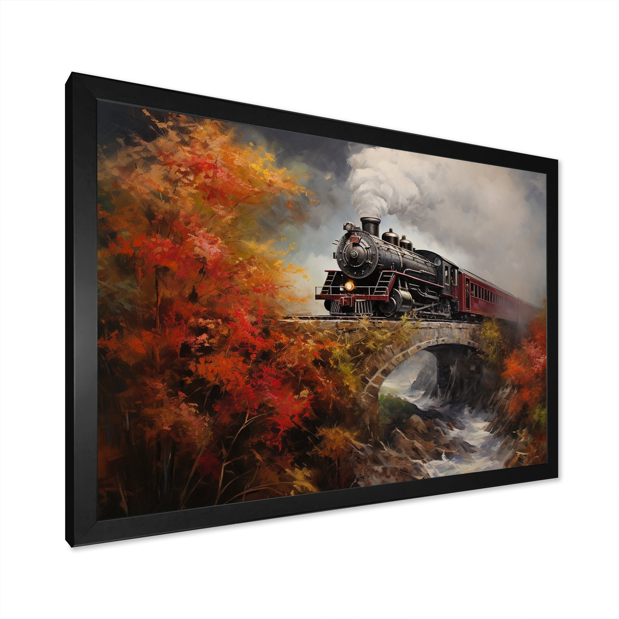 Steam train Crossing Autumn Bridge Painting - Train Canvas Wall Art