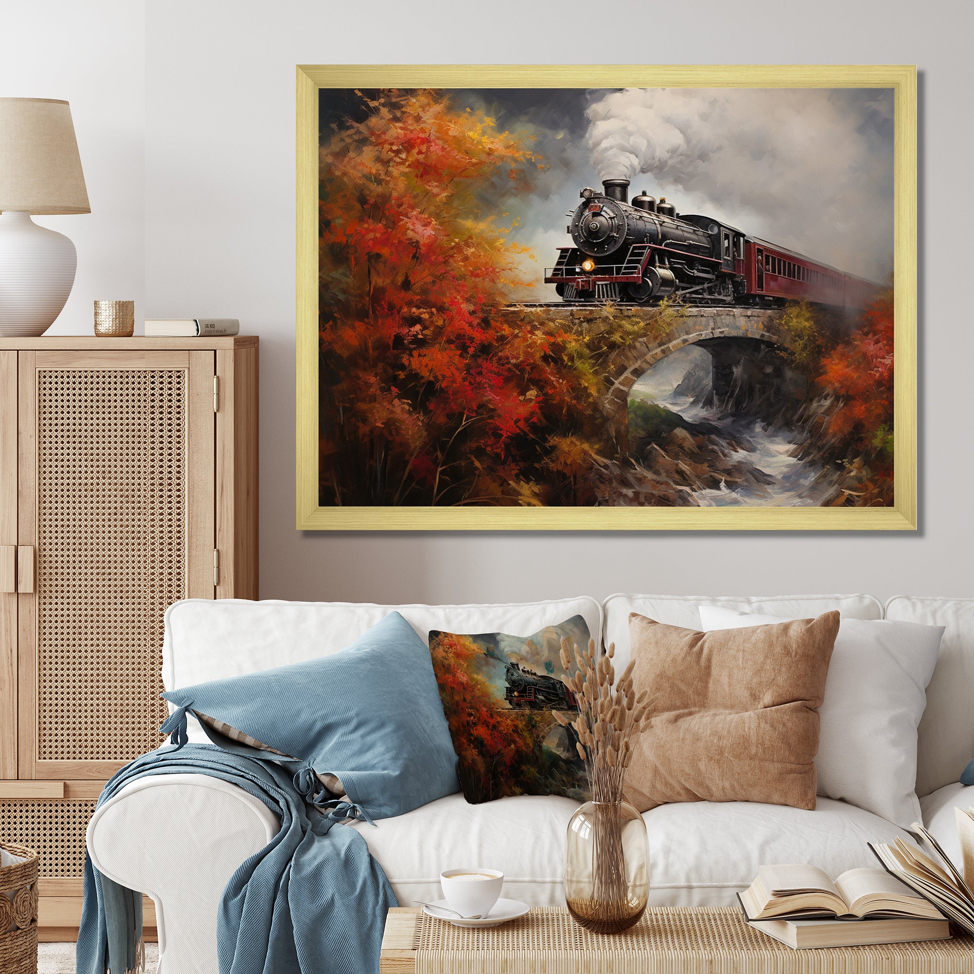 Steam train Crossing Autumn Bridge Painting - Train Canvas Wall Art