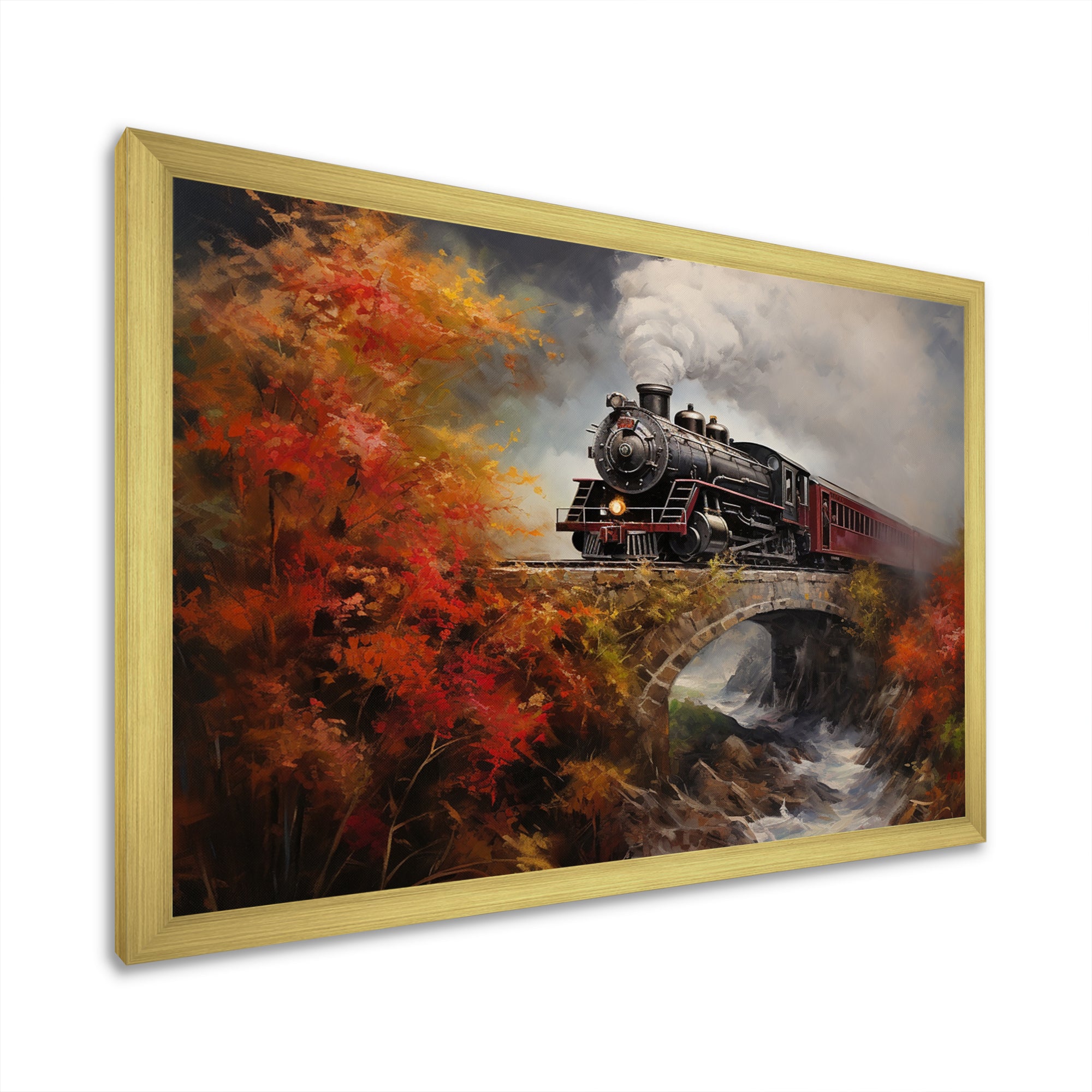 Steam train Crossing Autumn Bridge Painting - Train Canvas Wall Art