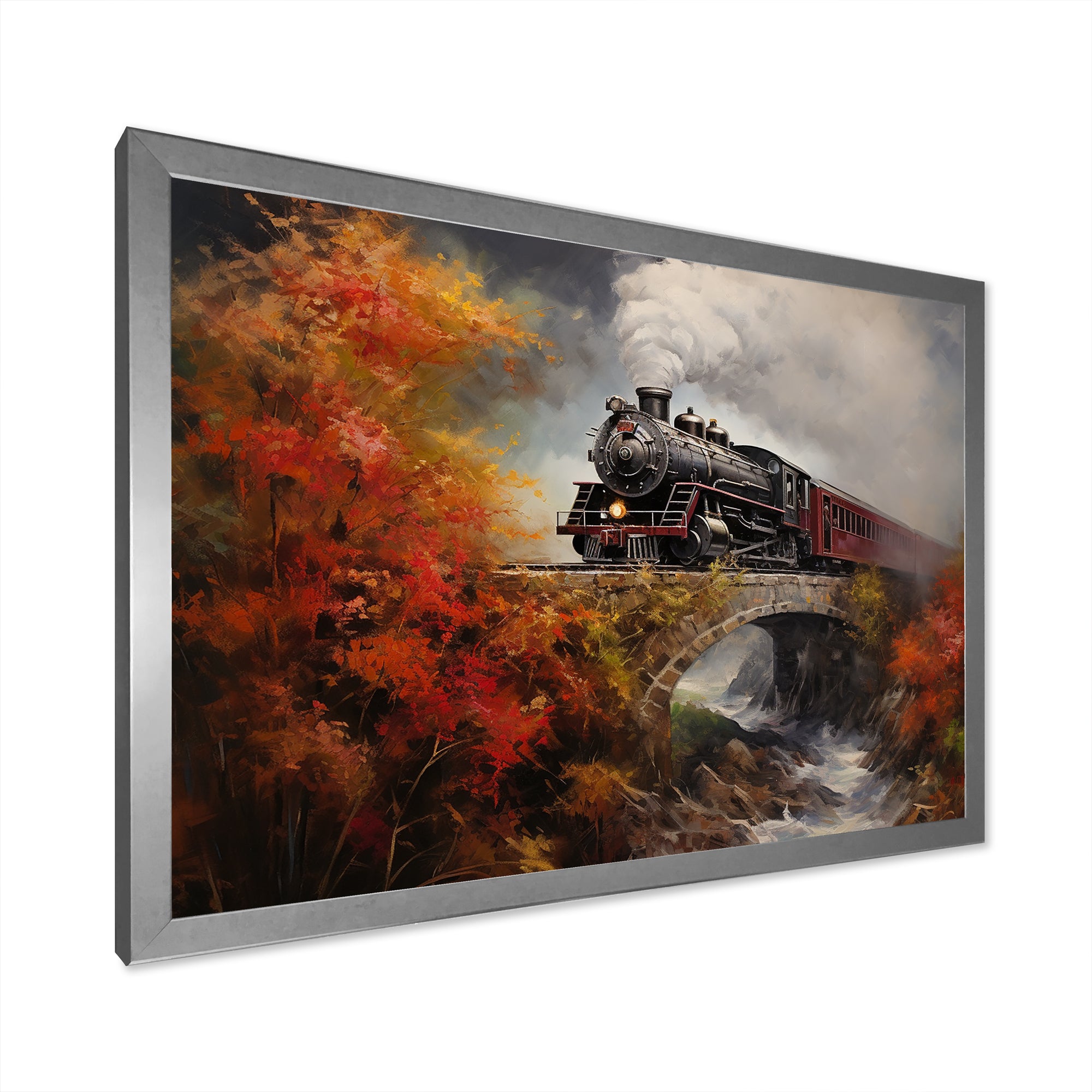 Steam train Crossing Autumn Bridge Painting - Train Canvas Wall Art