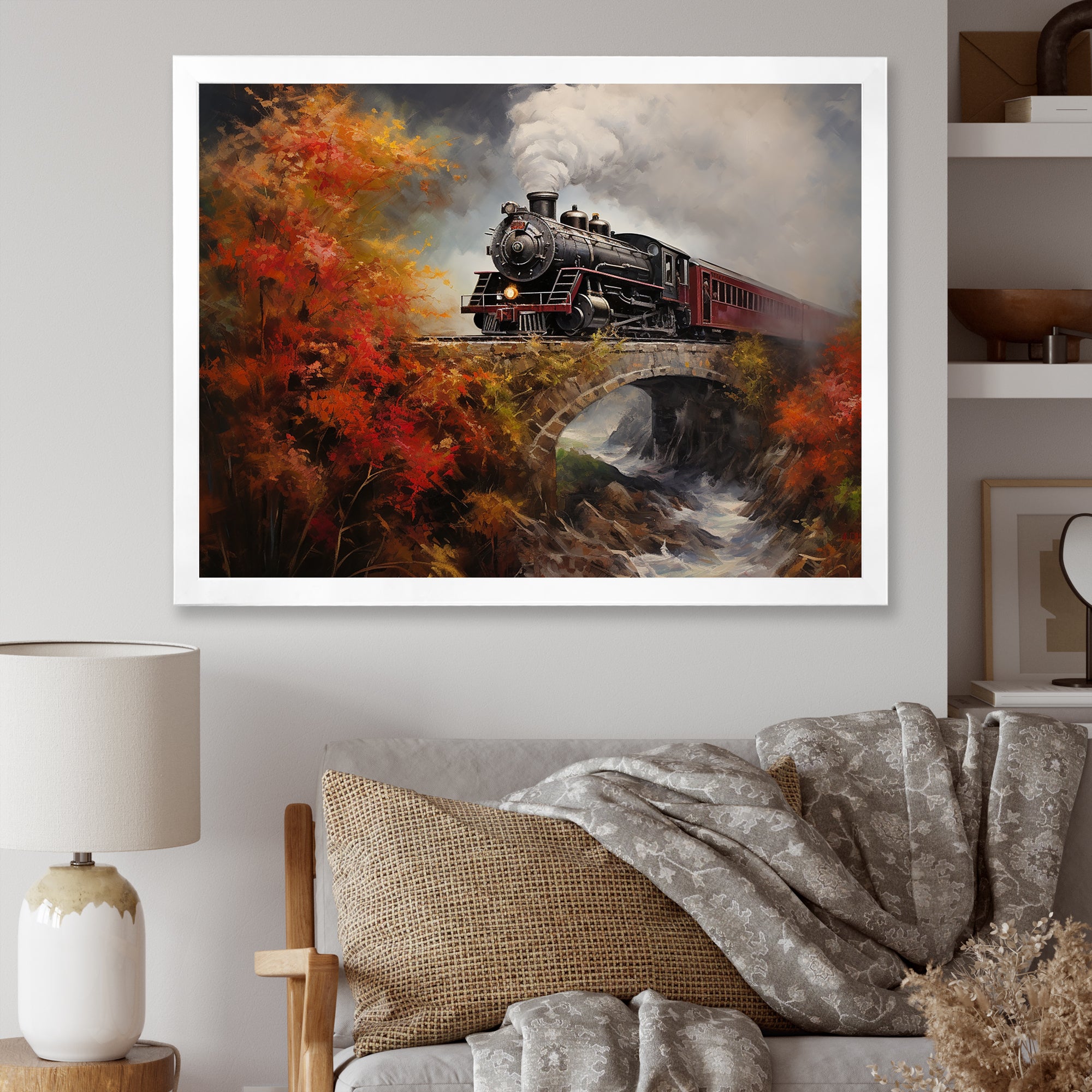 Steam train Crossing Autumn Bridge Painting - Train Canvas Wall Art