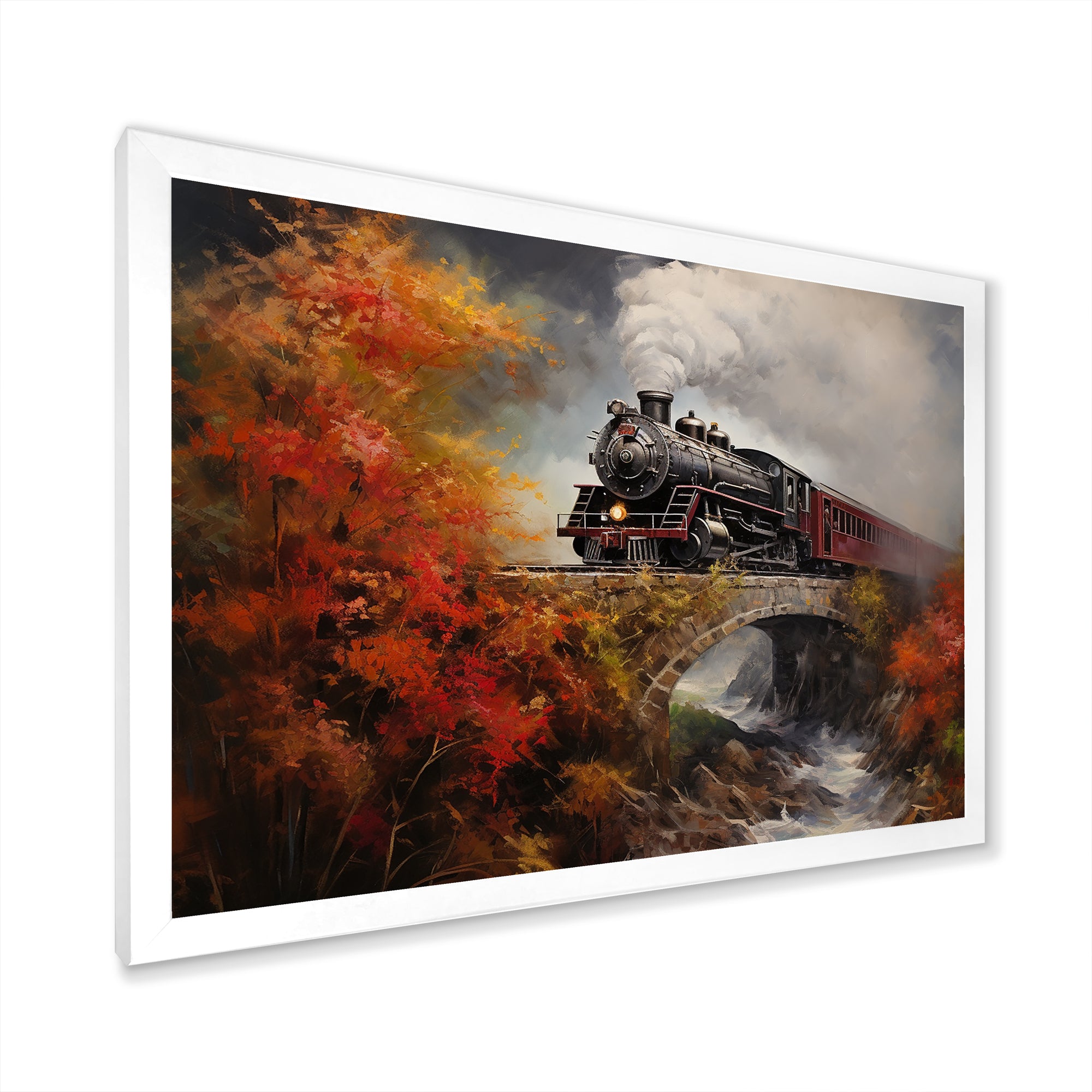 Steam train Crossing Autumn Bridge Painting - Train Canvas Wall Art