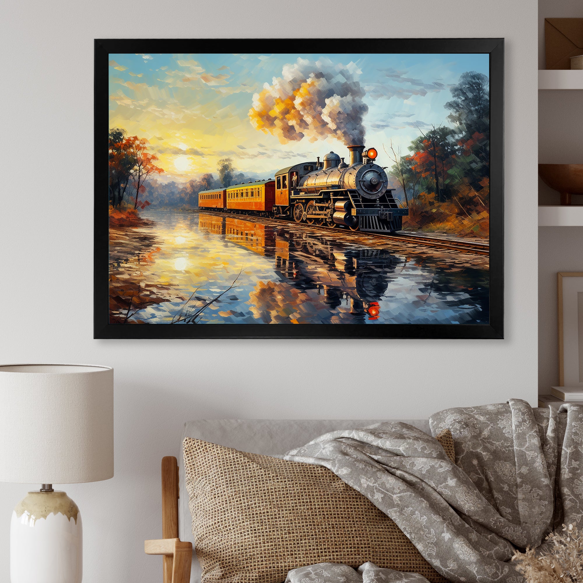 Steam train Travelling In The Sunset Painting - Train Canvas Wall Art