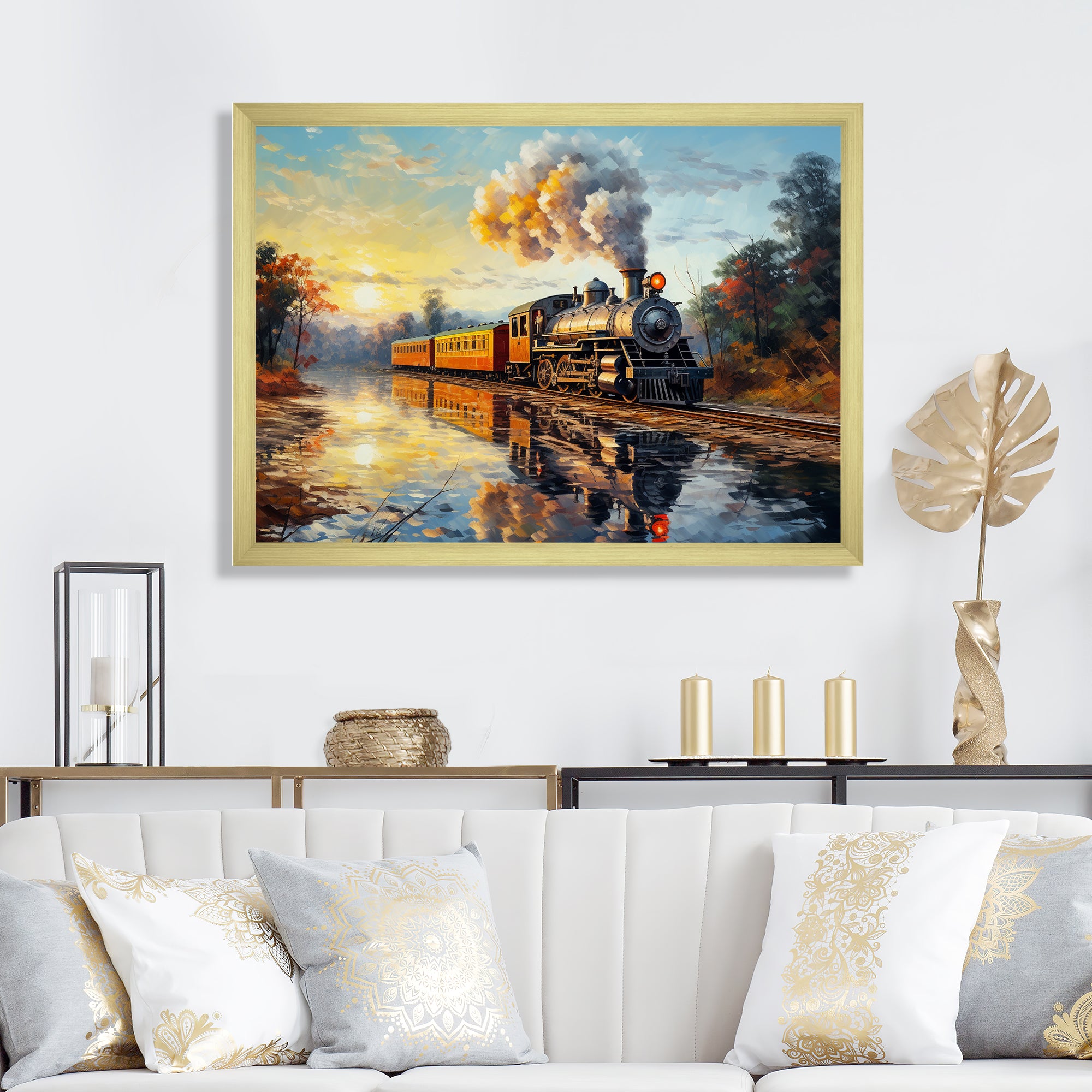 Steam train Travelling In The Sunset Painting - Train Canvas Wall Art
