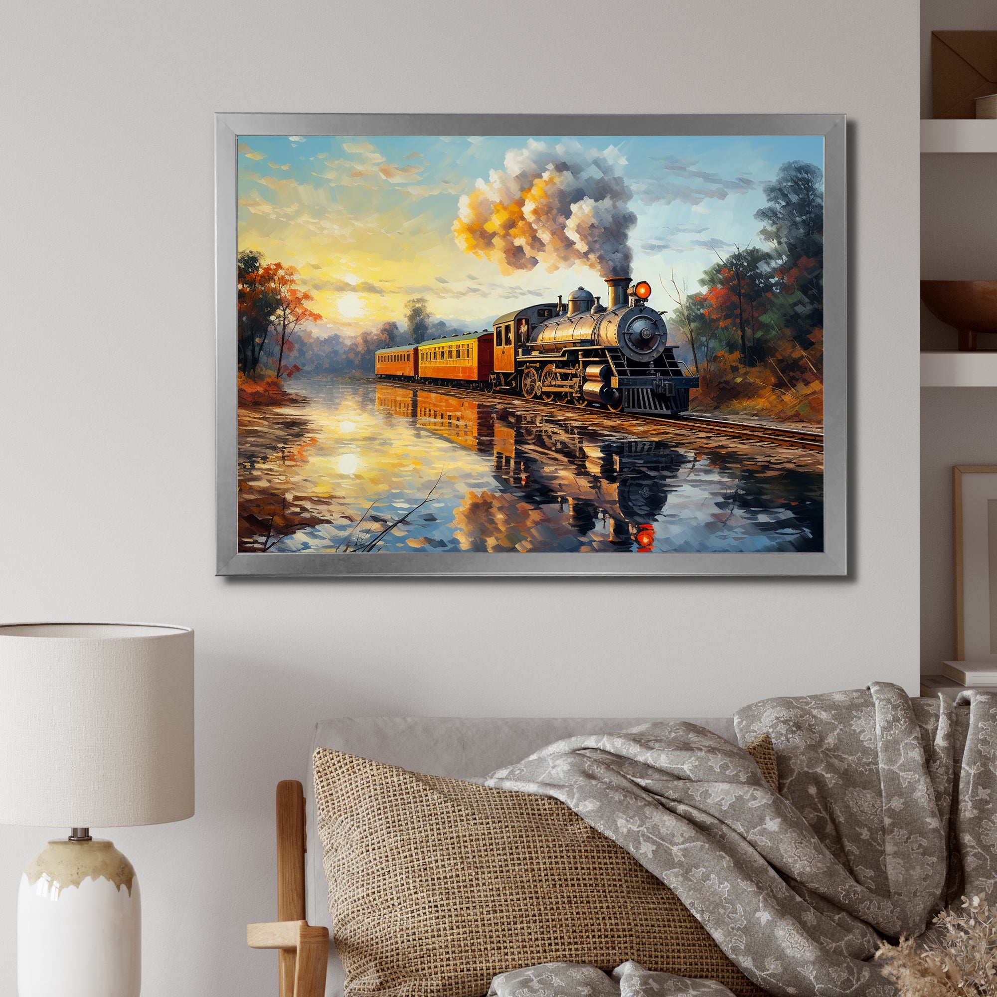 Steam train Travelling In The Sunset Painting - Train Canvas Wall Art