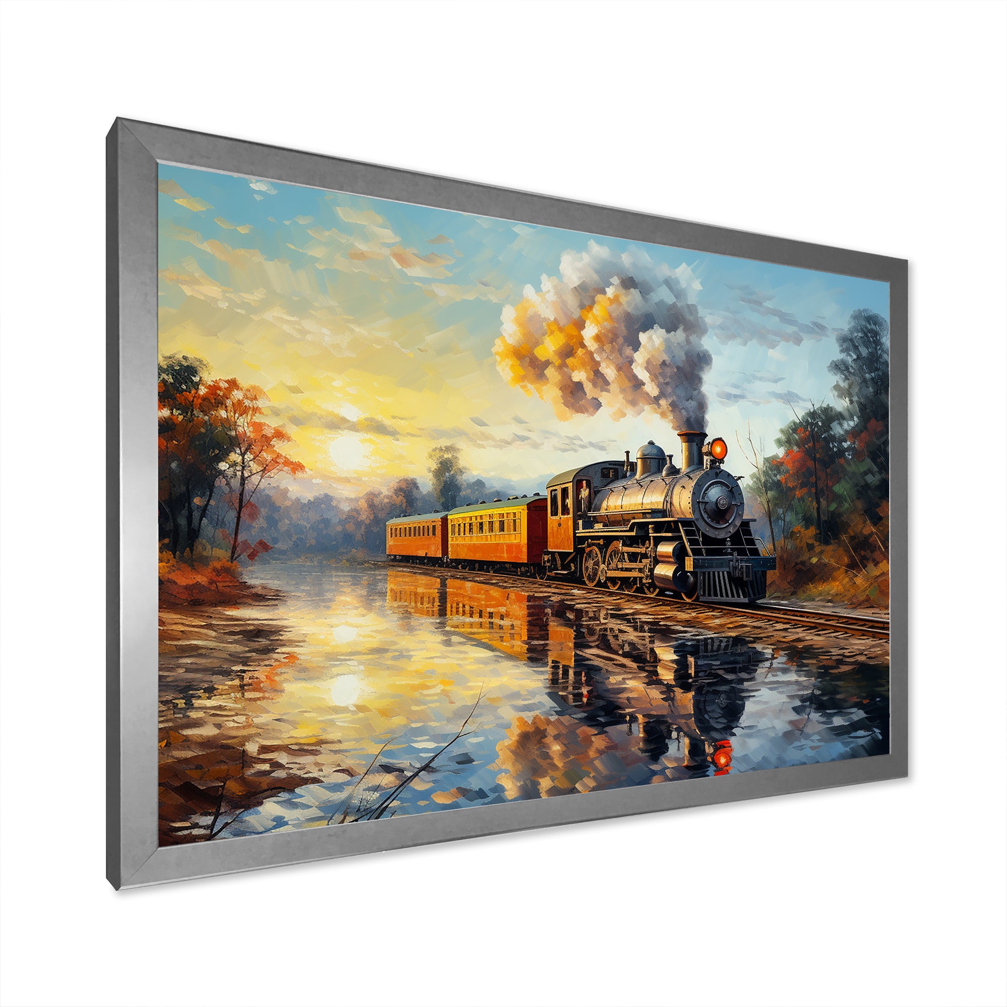 Steam train Travelling In The Sunset Painting - Train Canvas Wall Art
