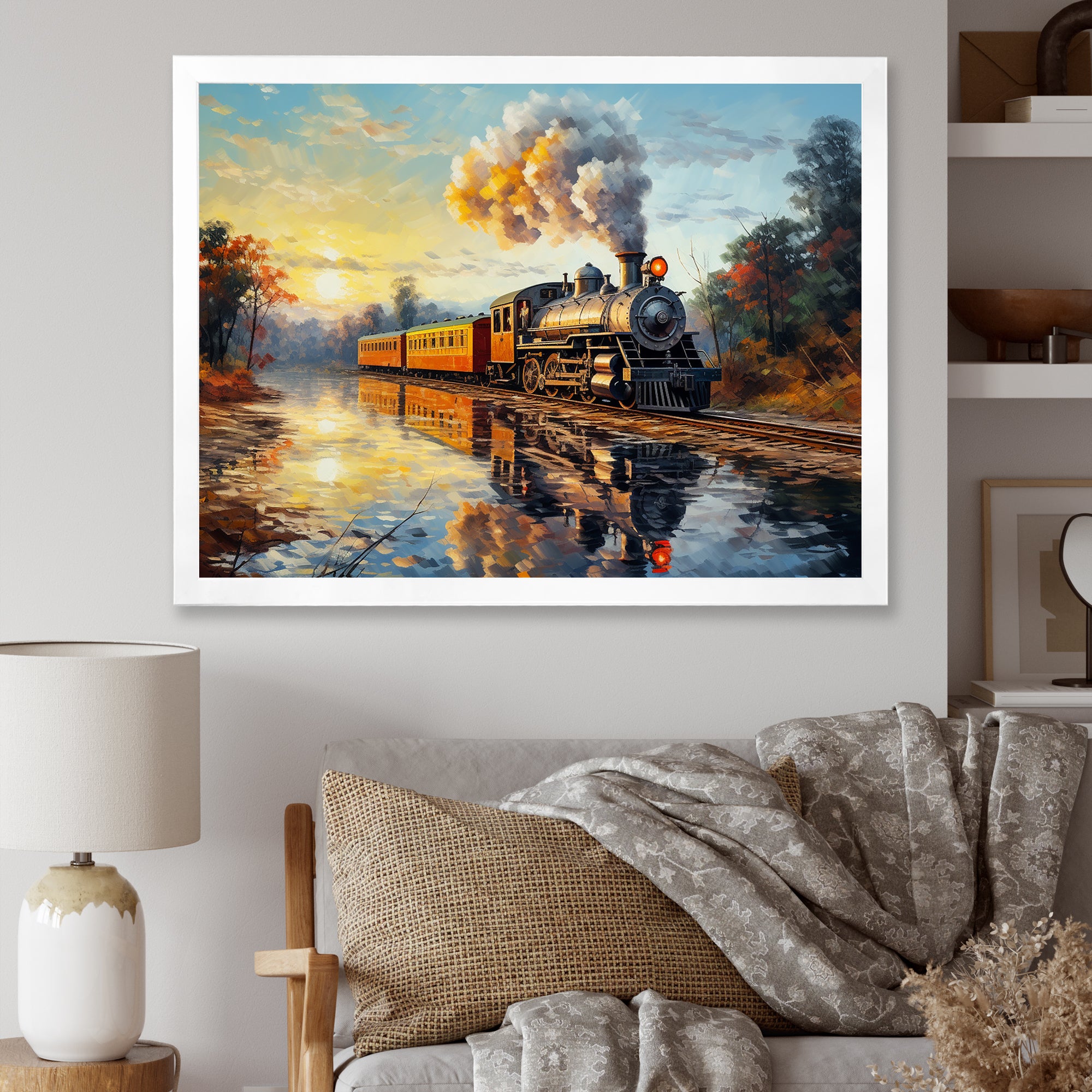 Steam train Travelling In The Sunset Painting - Train Canvas Wall Art