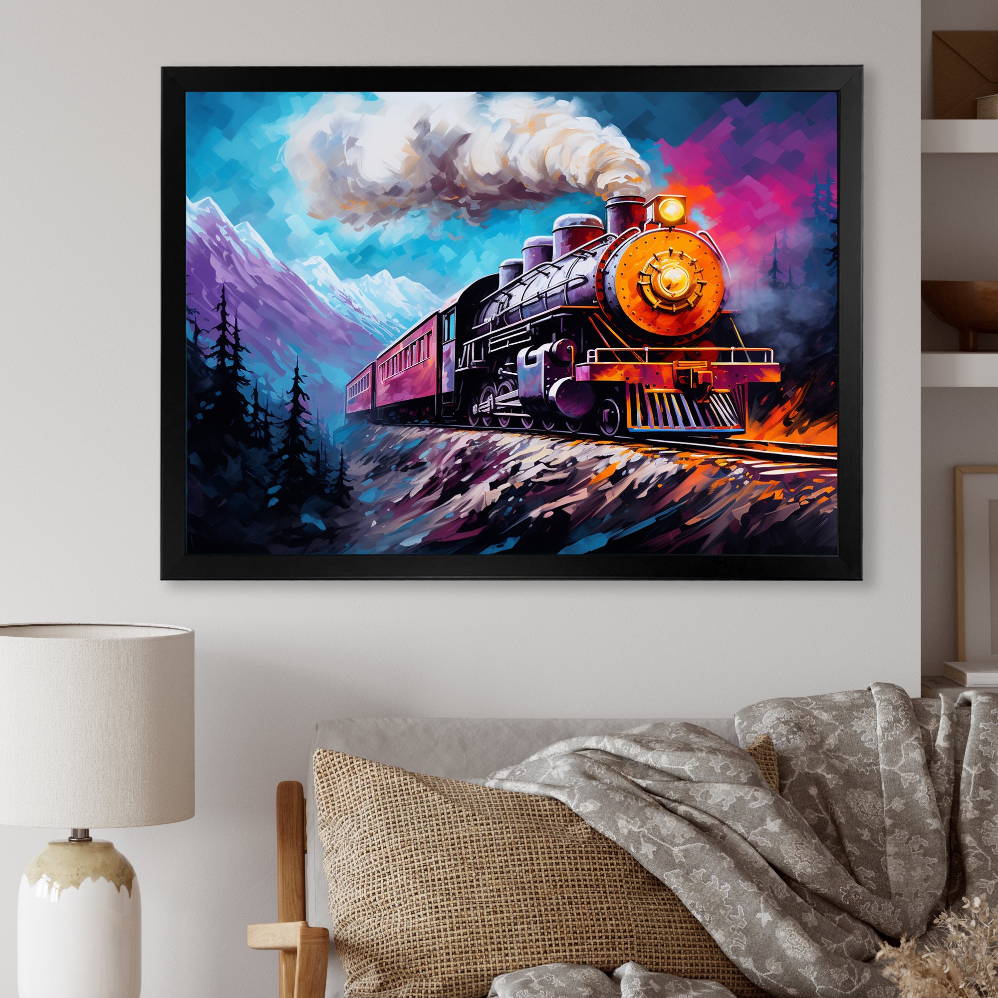 Steam train Travelling In Winter Snow Painting - Train Canvas Wall Art