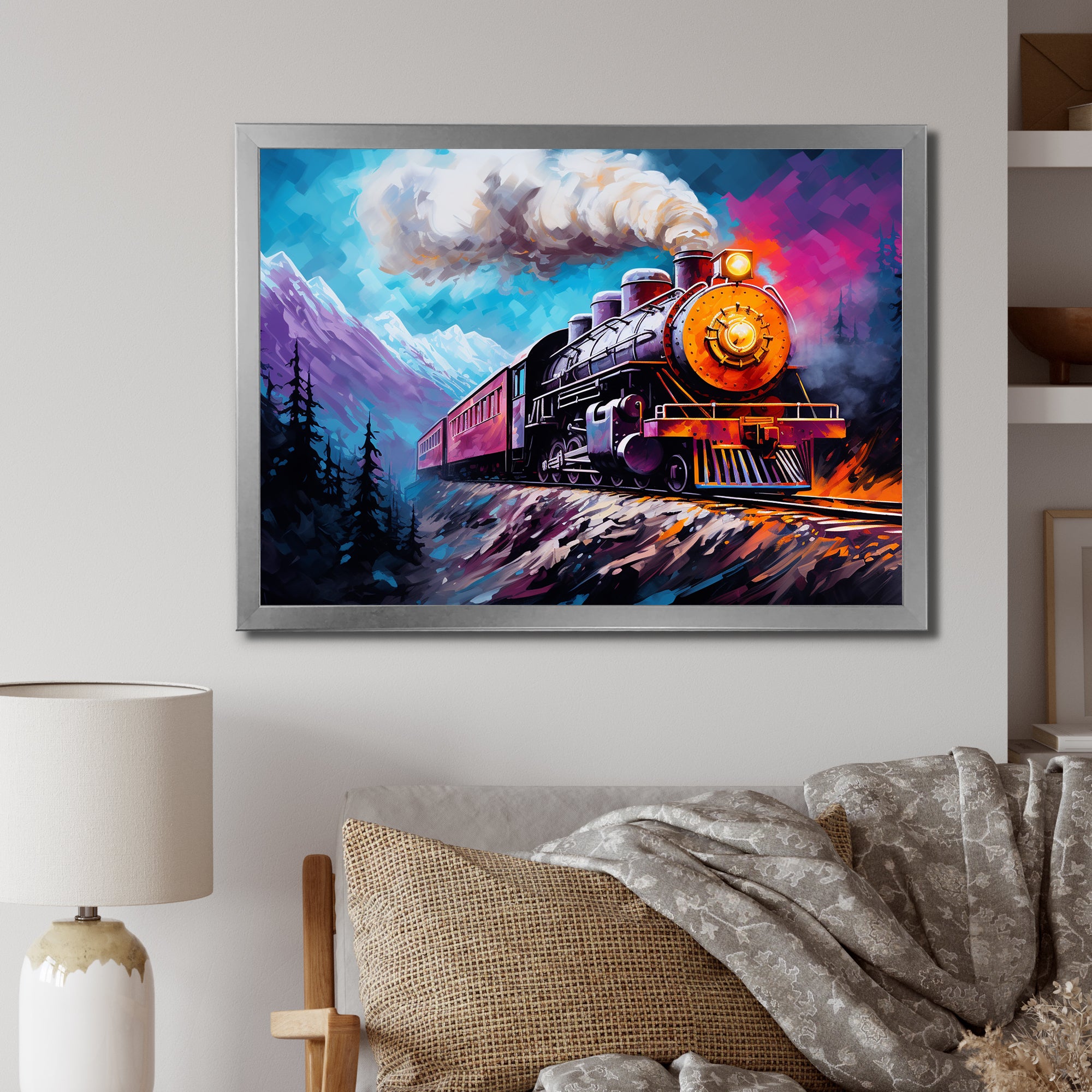 Steam train Travelling In Winter Snow Painting - Train Canvas Wall Art