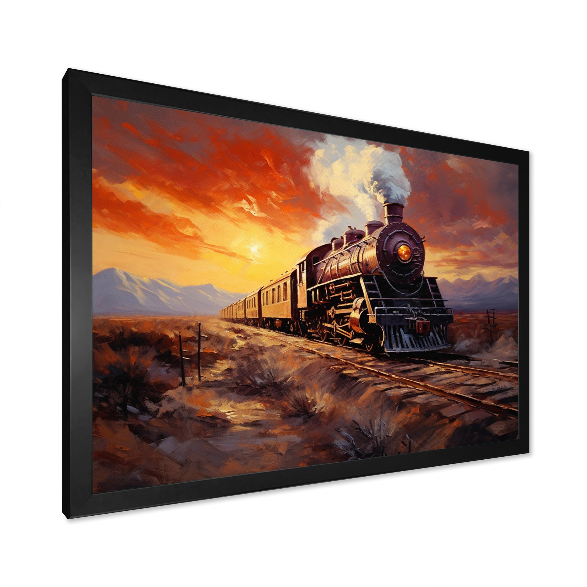 Steam train Travelling Sunset Landscape Painting I - Train Canvas Wall Art
