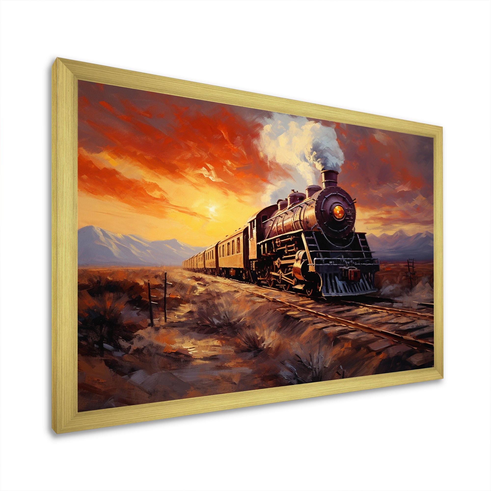 Steam train Travelling Sunset Landscape Painting I - Train Canvas Wall Art