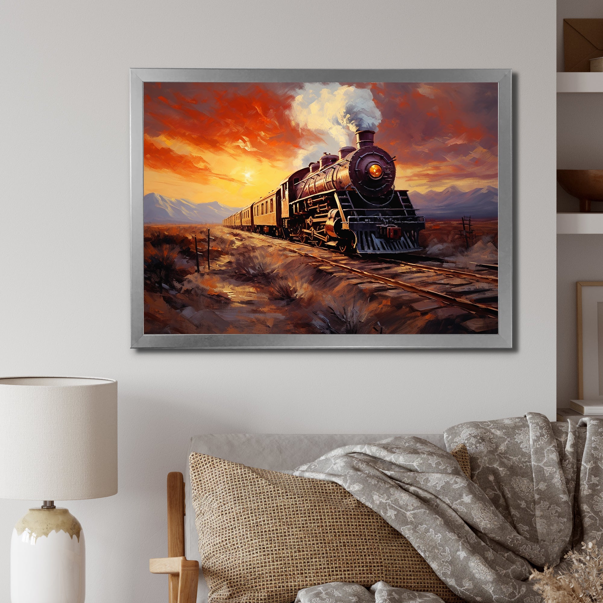 Steam train Travelling Sunset Landscape Painting I - Train Canvas Wall Art
