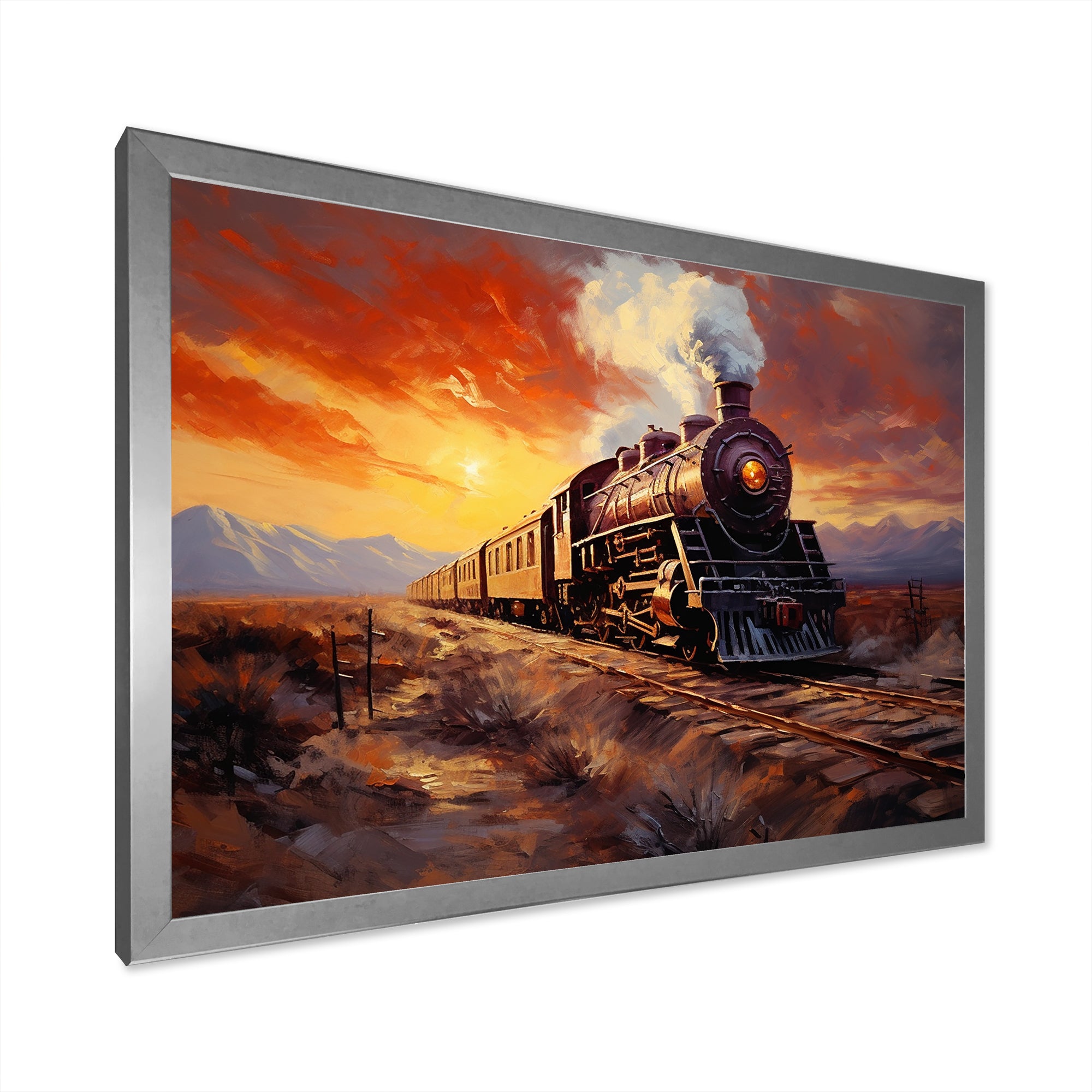 Steam train Travelling Sunset Landscape Painting I - Train Canvas Wall Art