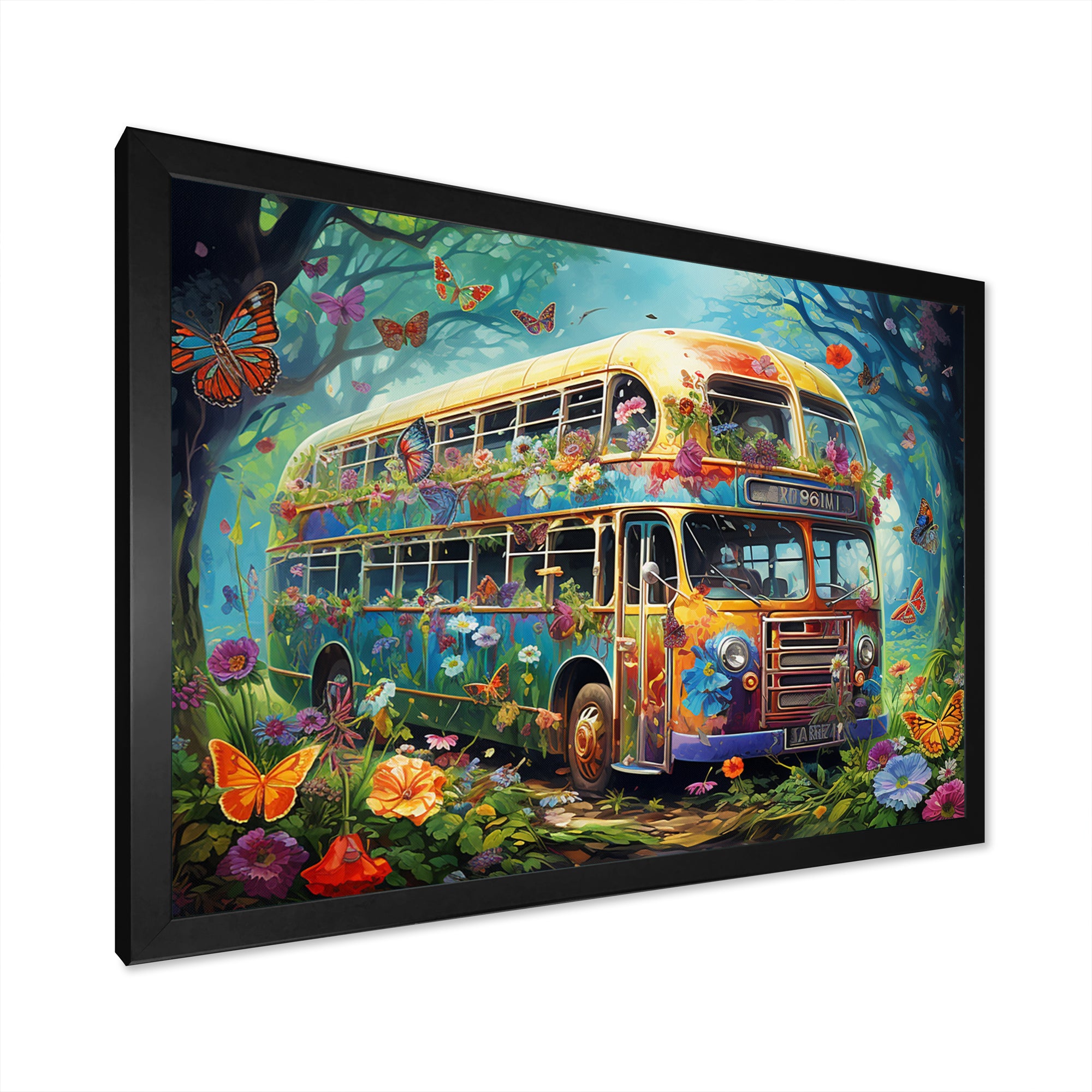 Magic Hippie Bus In The Flower Forest - Car Van Canvas Wall Art