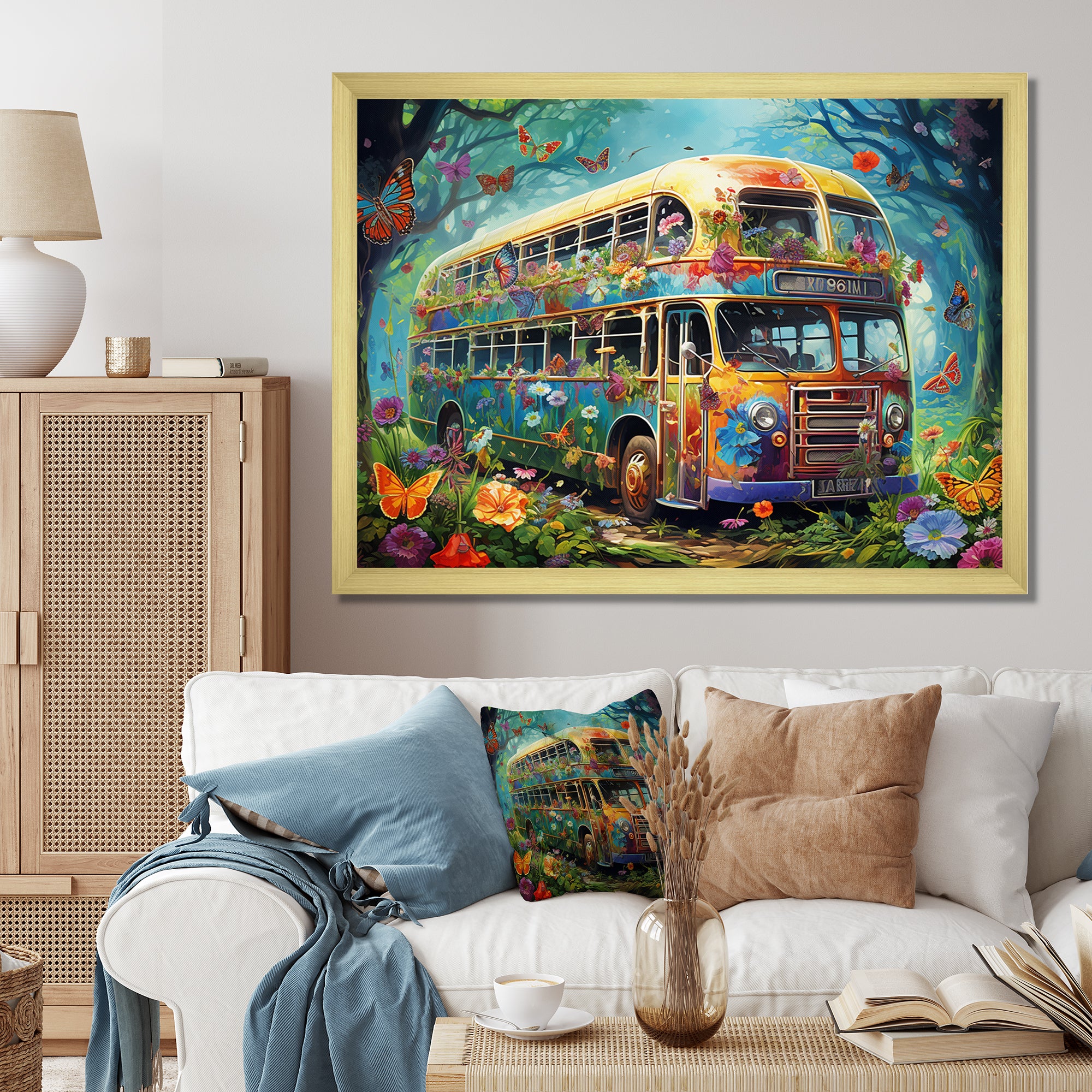 Magic Hippie Bus In The Flower Forest - Car Van Canvas Wall Art