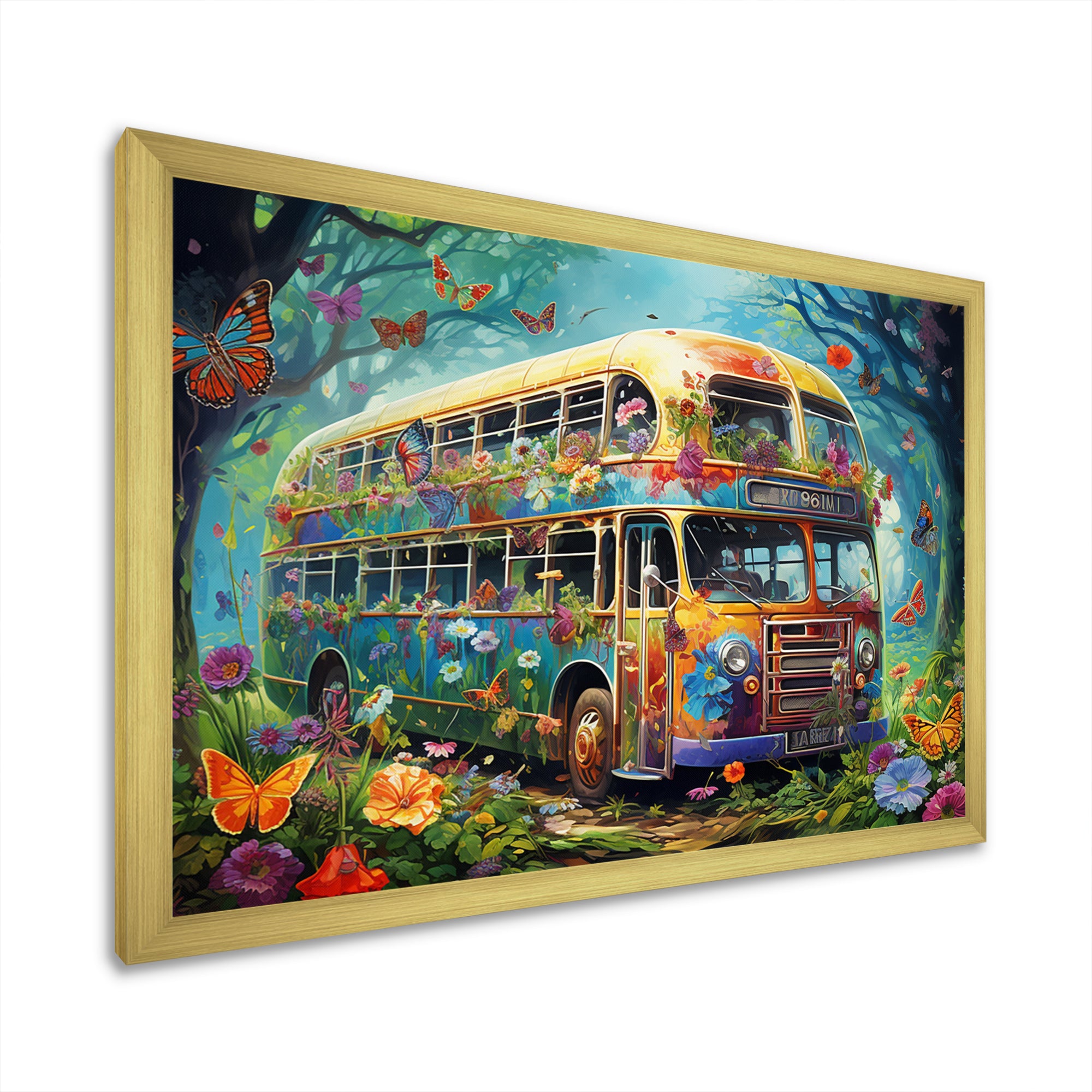 Magic Hippie Bus In The Flower Forest - Car Van Canvas Wall Art