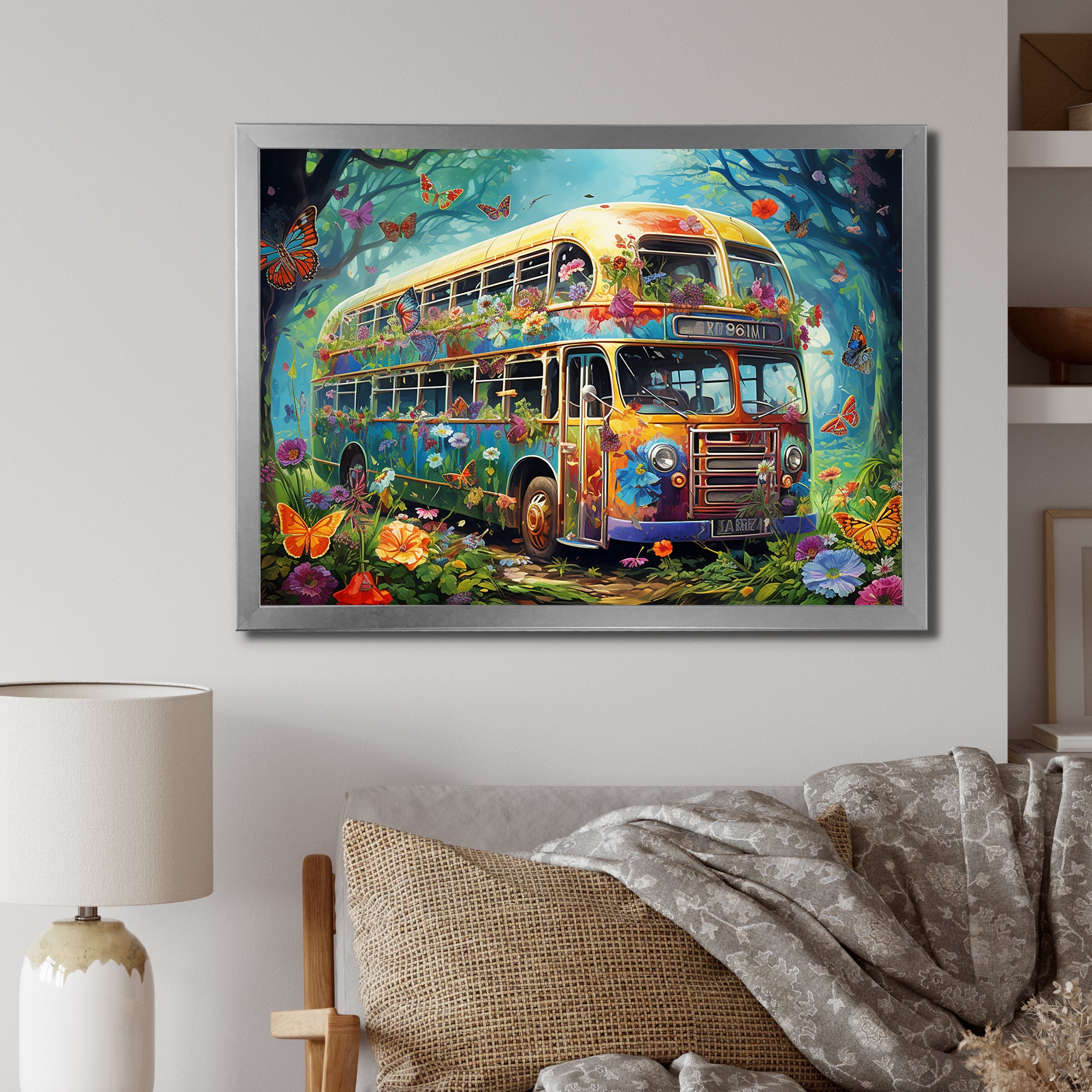 Magic Hippie Bus In The Flower Forest - Car Van Canvas Wall Art