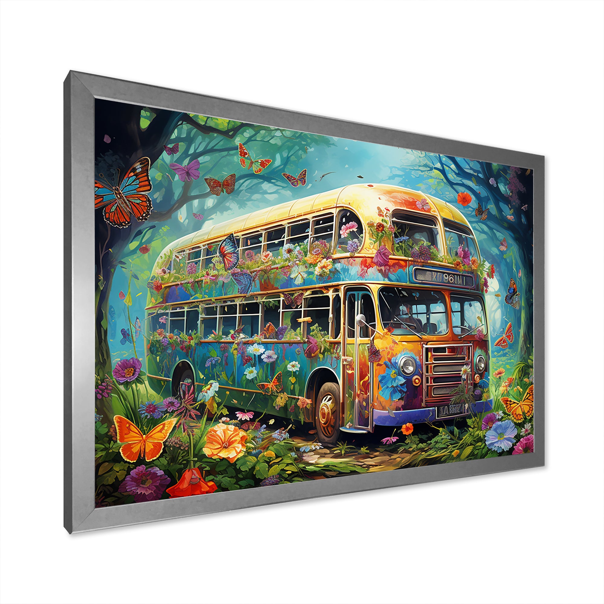 Magic Hippie Bus In The Flower Forest - Car Van Canvas Wall Art