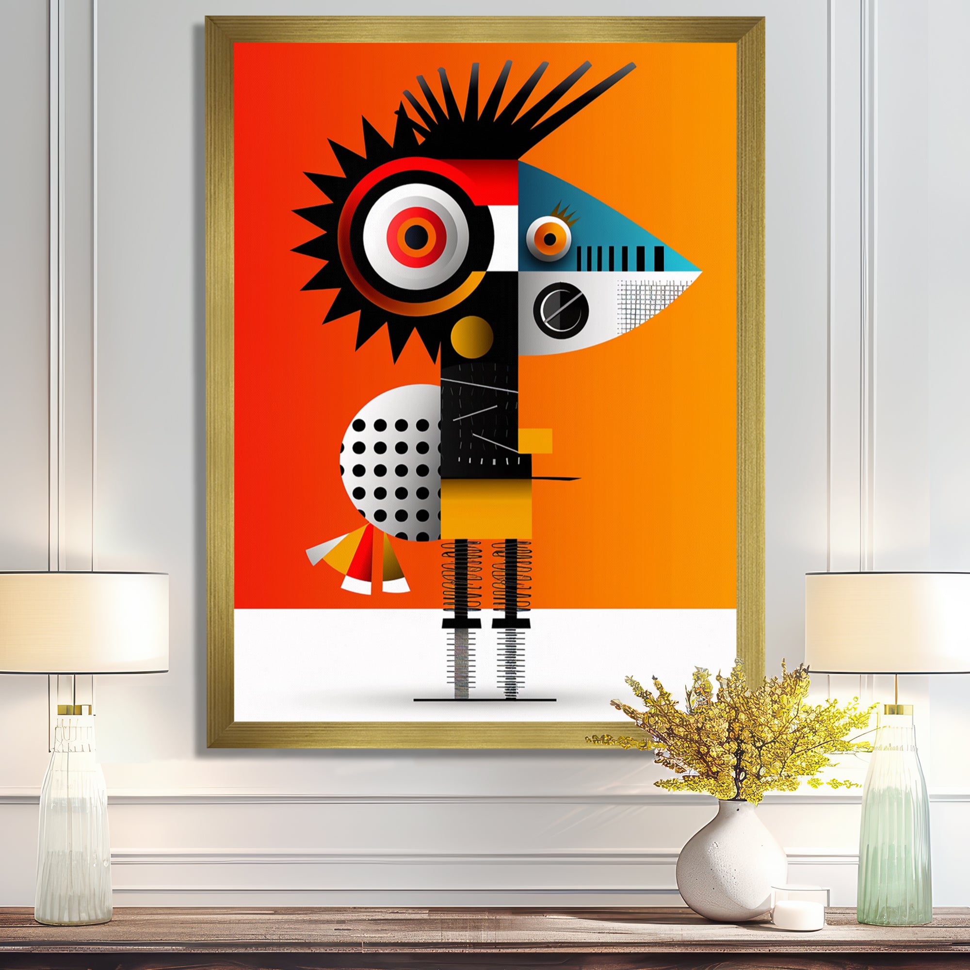 Strange Friendly Creature On Yellow - Bird Canvas Wall Art