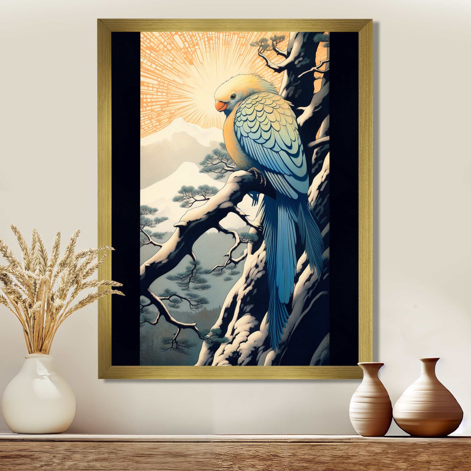 Blue Bird On Winter Brench - Bird Home Decor Art