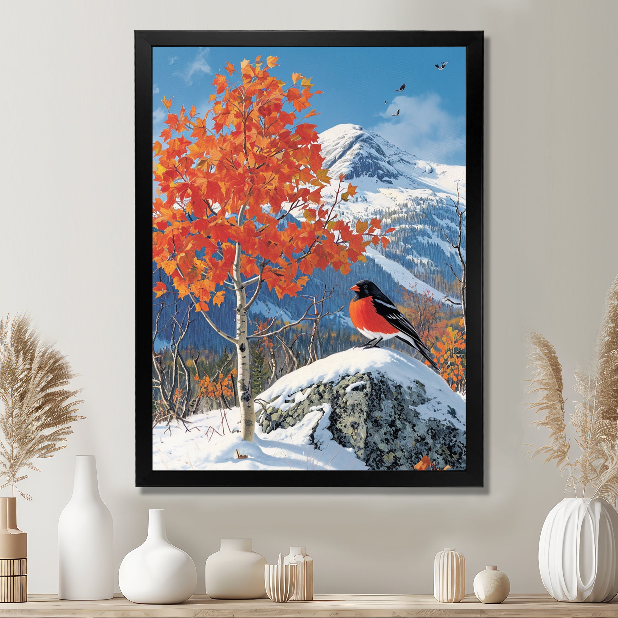 Cardinal Bird In Winter Mountain Landscape - Bird Living Room Wall Art