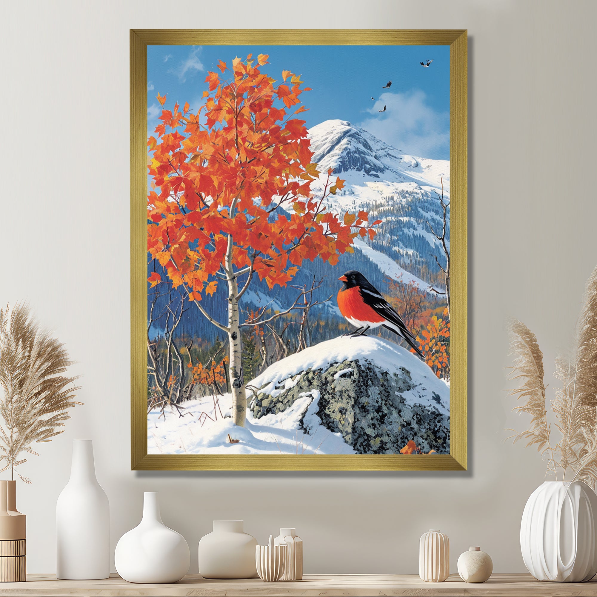 Cardinal Bird In Winter Mountain Landscape - Bird Living Room Wall Art