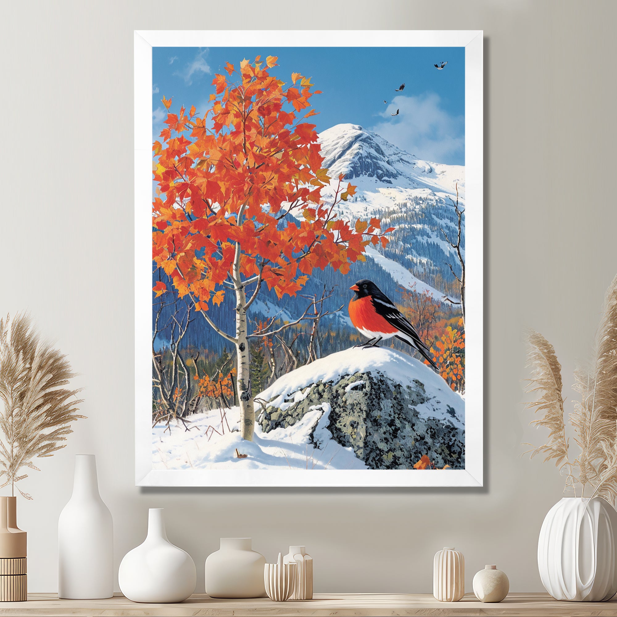 Cardinal Bird In Winter Mountain Landscape - Bird Living Room Wall Art