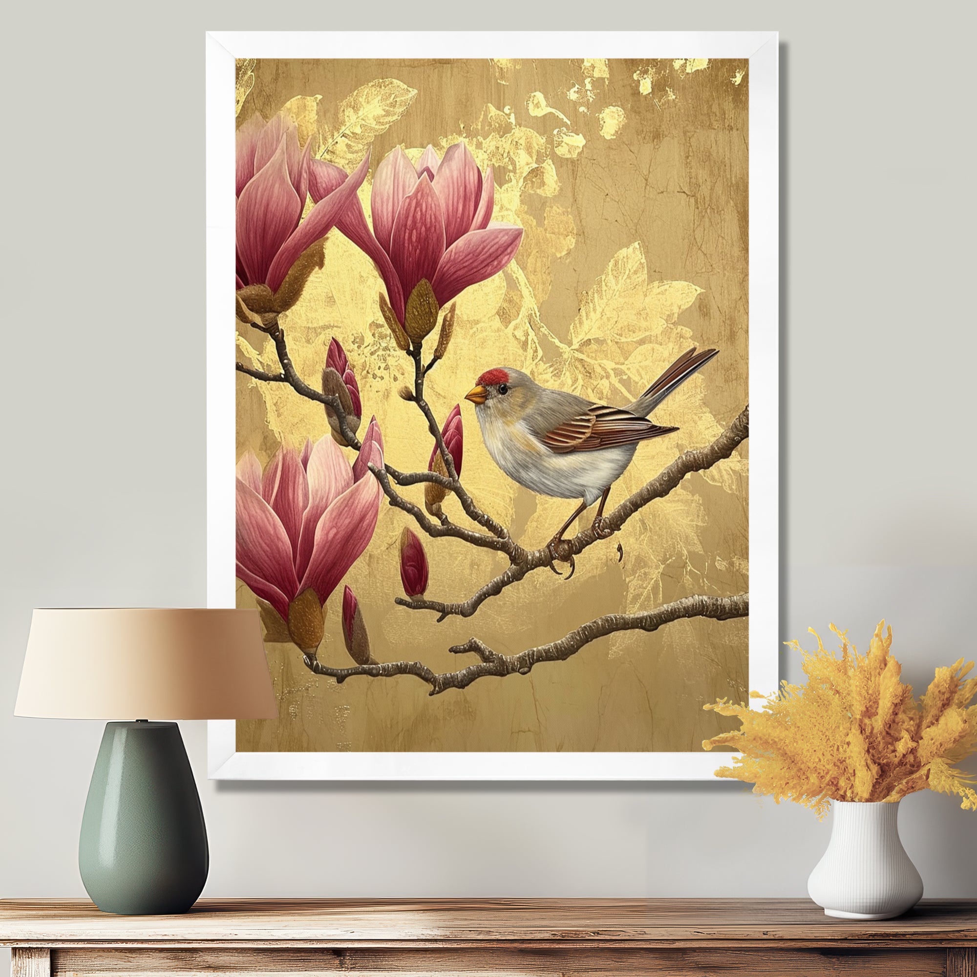 Finch Bird On Magnolia Tree - Bird Wall Decor