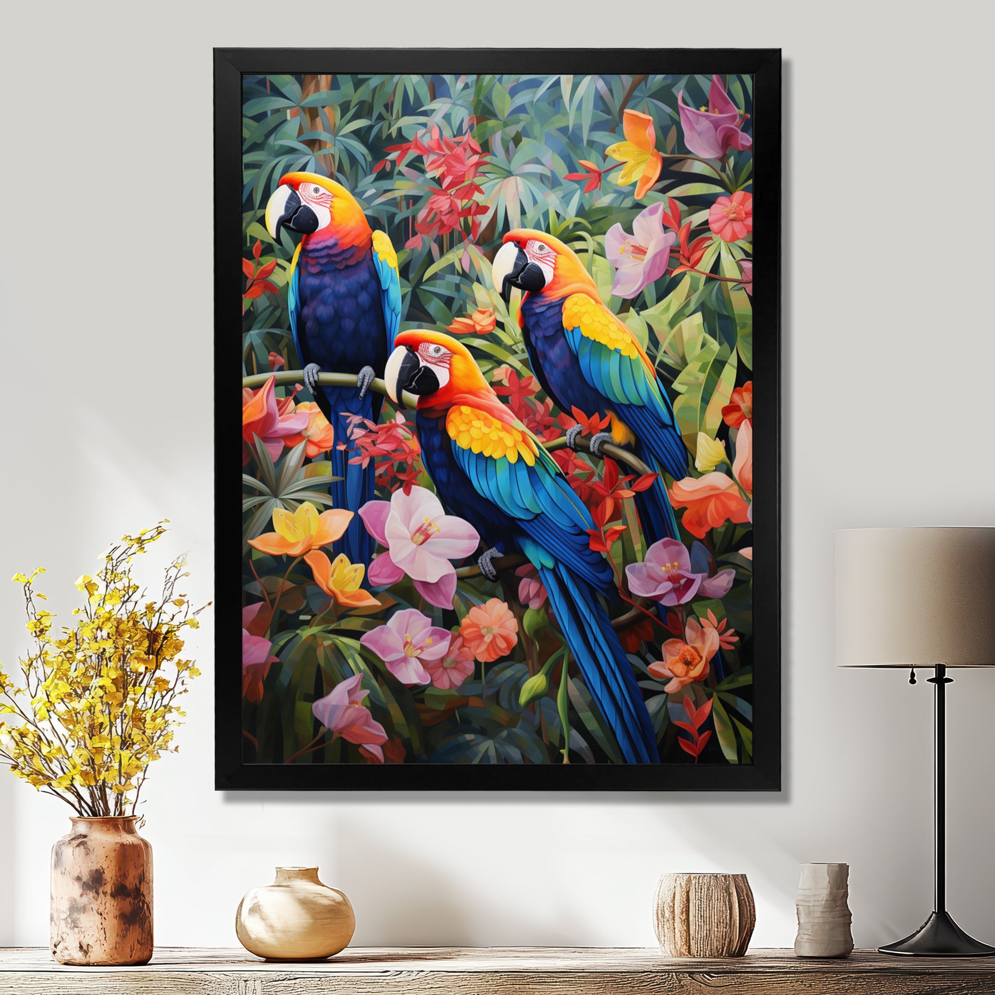 Three Parrots In Tropical Flower Jungle - Parrot Framed Canvas Art
