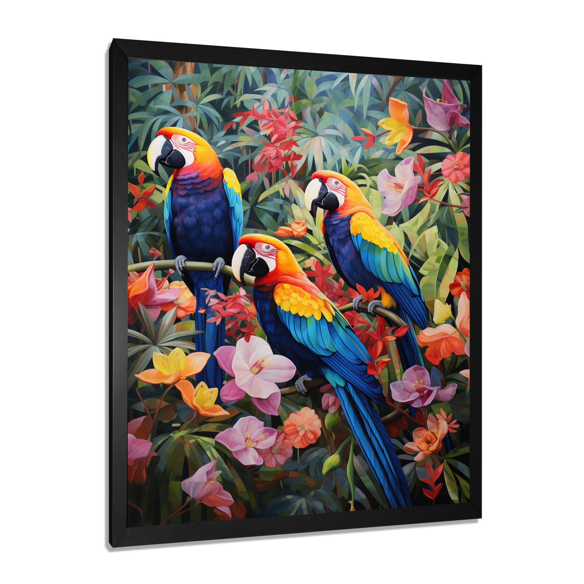 Three Parrots In Tropical Flower Jungle - Parrot Framed Canvas Art