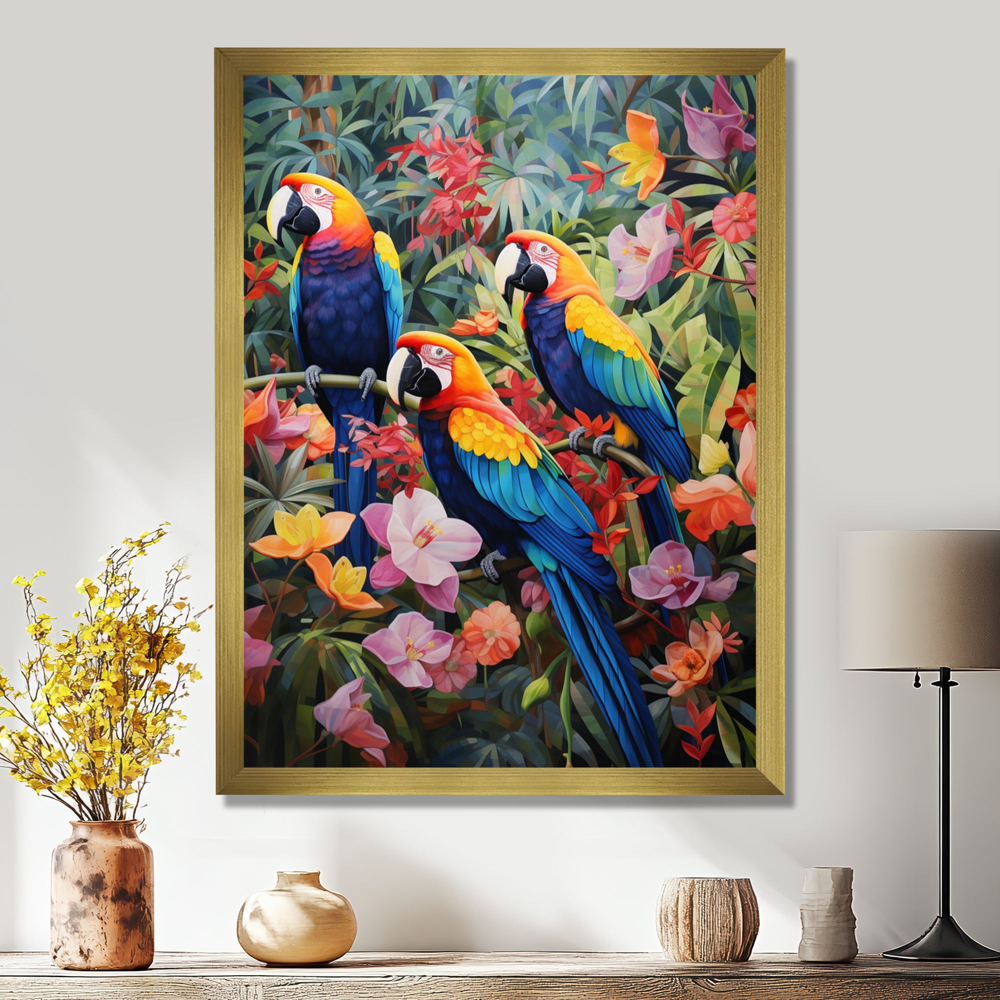 Three Parrots In Tropical Flower Jungle - Parrot Framed Canvas Art