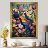 Three Parrots In Tropical Flower Jungle - Parrot Framed Canvas Art