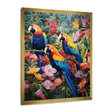 Three Parrots In Tropical Flower Jungle - Parrot Framed Canvas Art