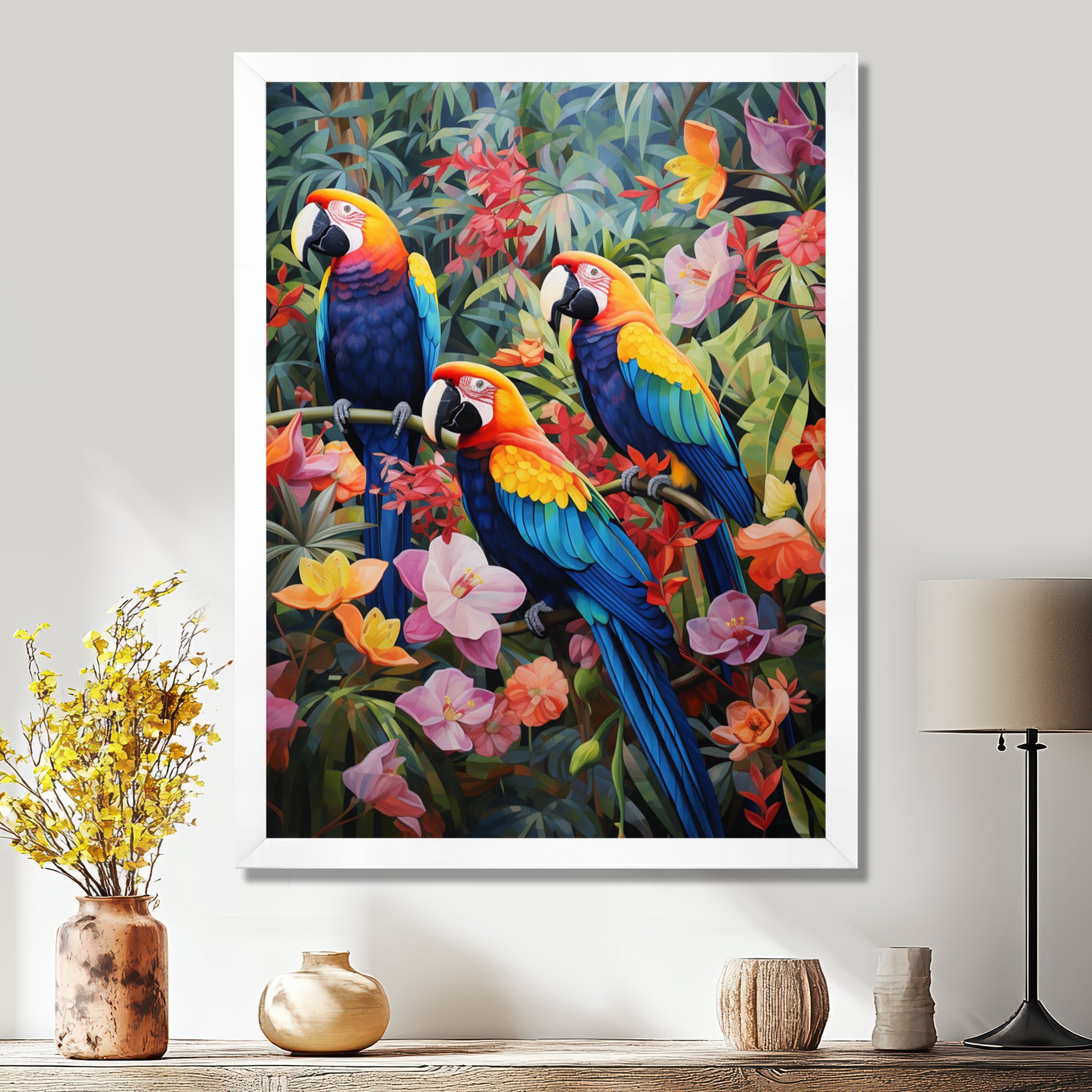 Three Parrots In Tropical Flower Jungle - Parrot Framed Canvas Art